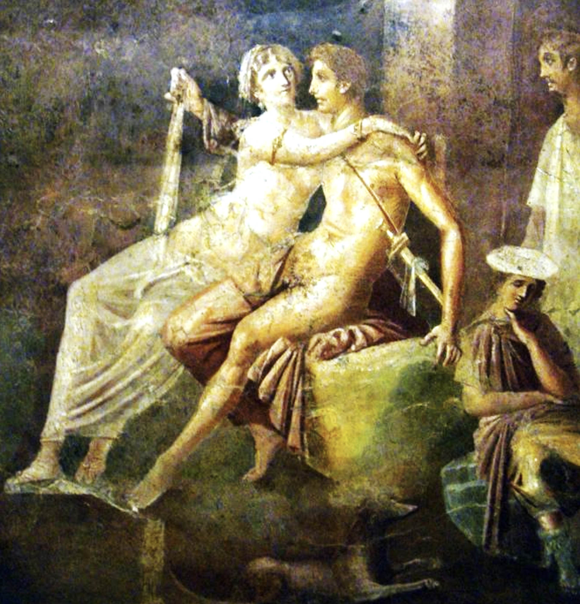 Mural with several figures. A lightly dressed man and woman are in a loose embrace.