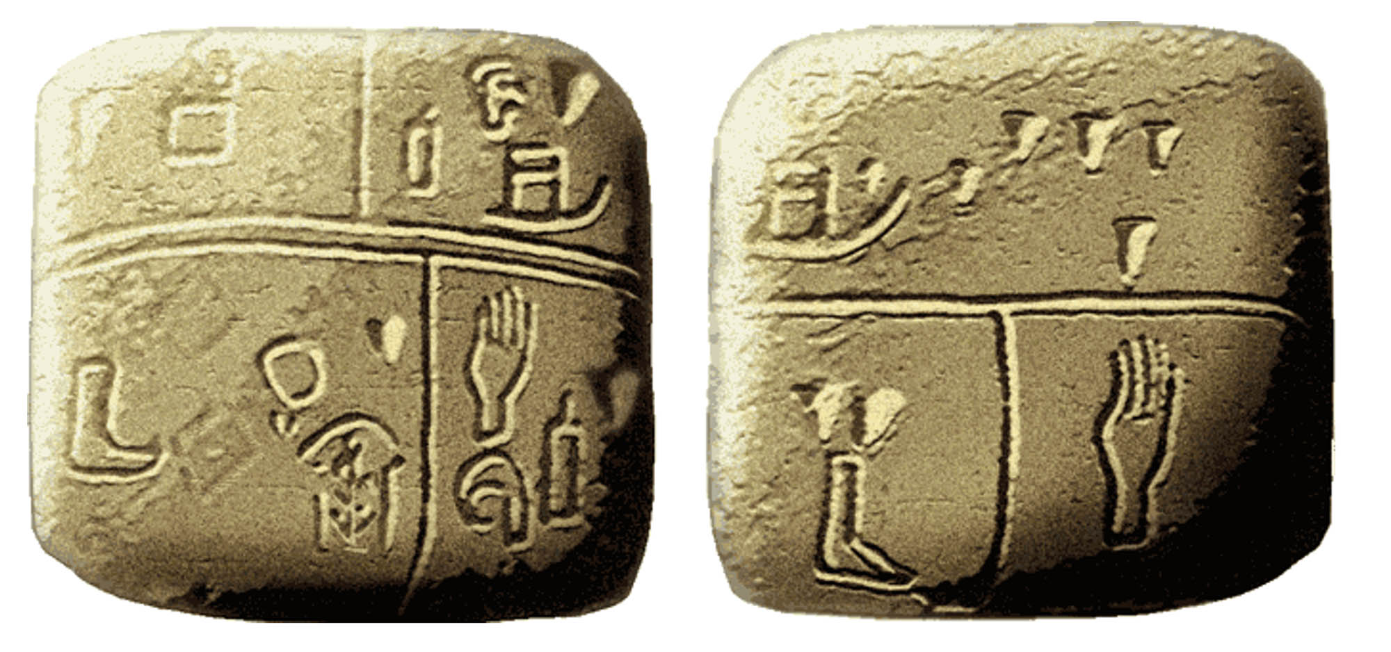 The front and backside of a tablet with an early form of writing.
