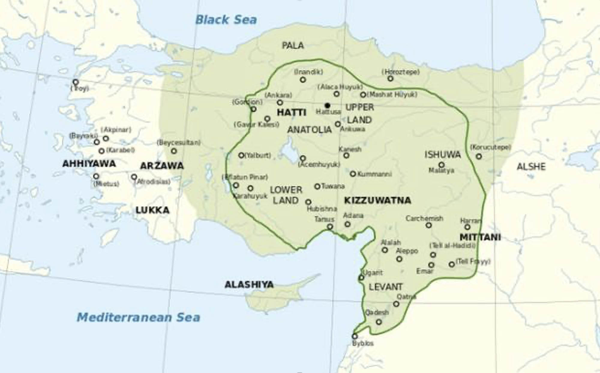 Map of the Hittite Empire comprised of modern-day Turkey, Syria, and Lebanon.
