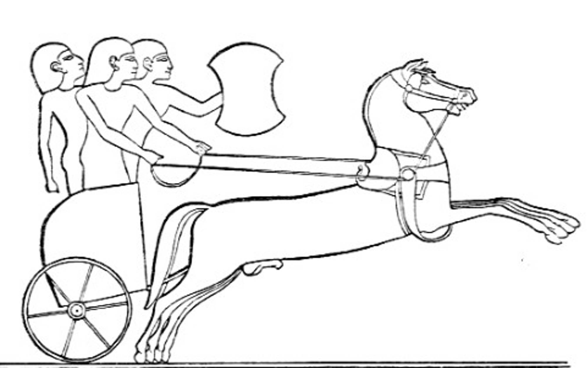 Horse and chariot with a driver and two soldiers.