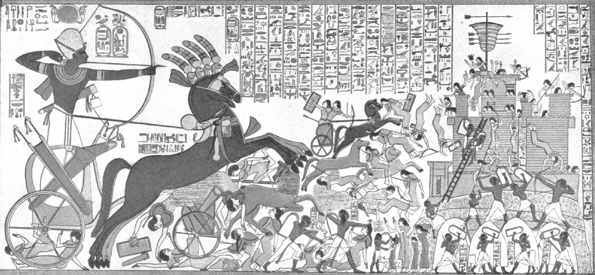 Siege battle scene with an archer riding in a chariot, in the background soldiers storm a castle.