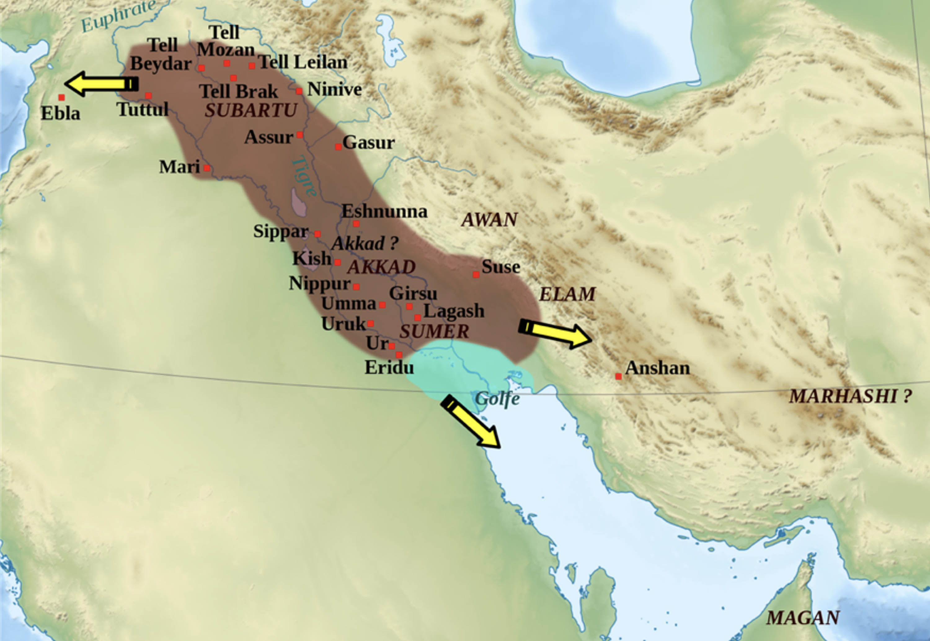 Map shows the area ruled by the Akkadian Empire.