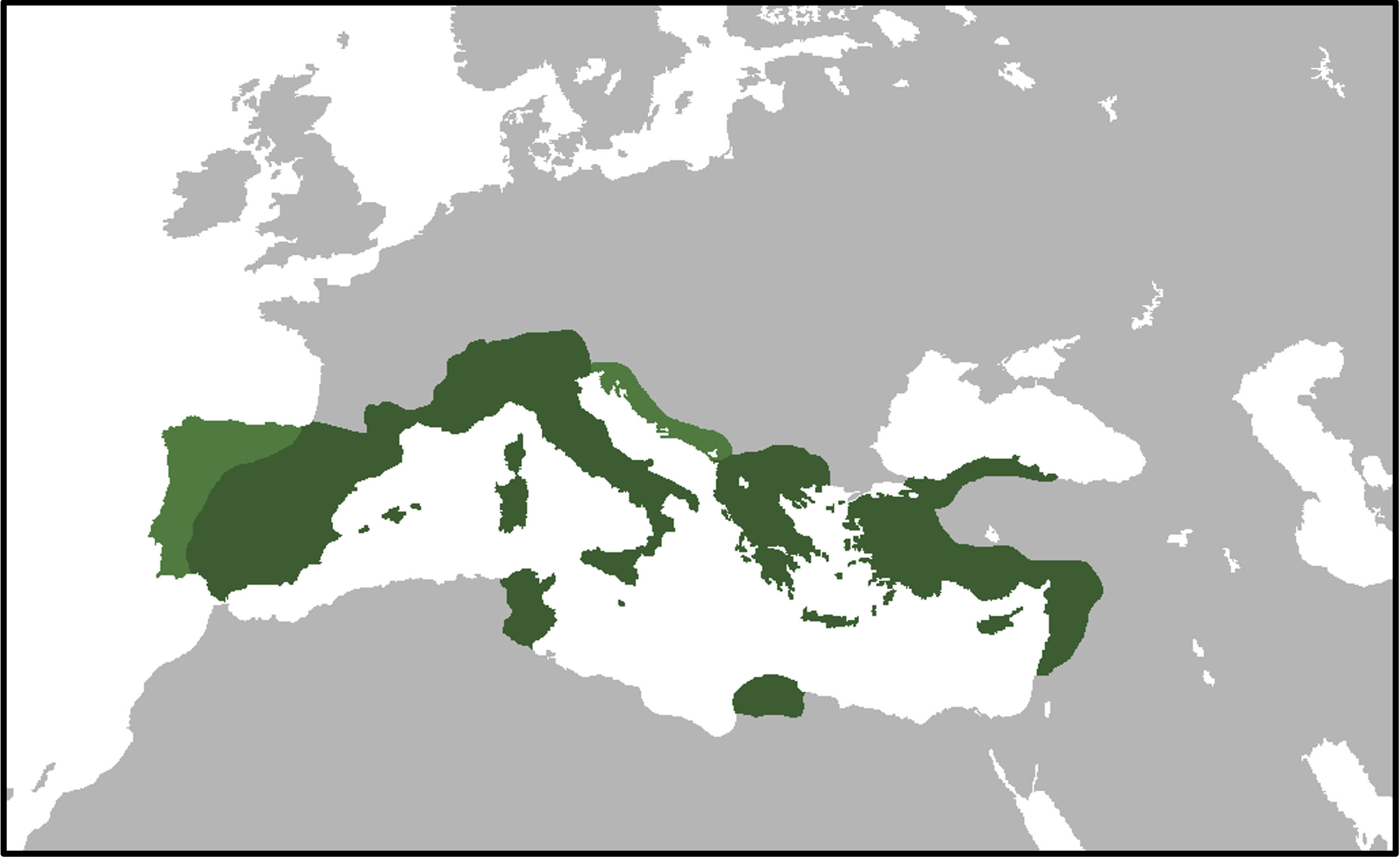 Map features areas in green to show the areas ruled by the Roman empire. These areas are mostly around the perimeter of the area shown, along the sea.