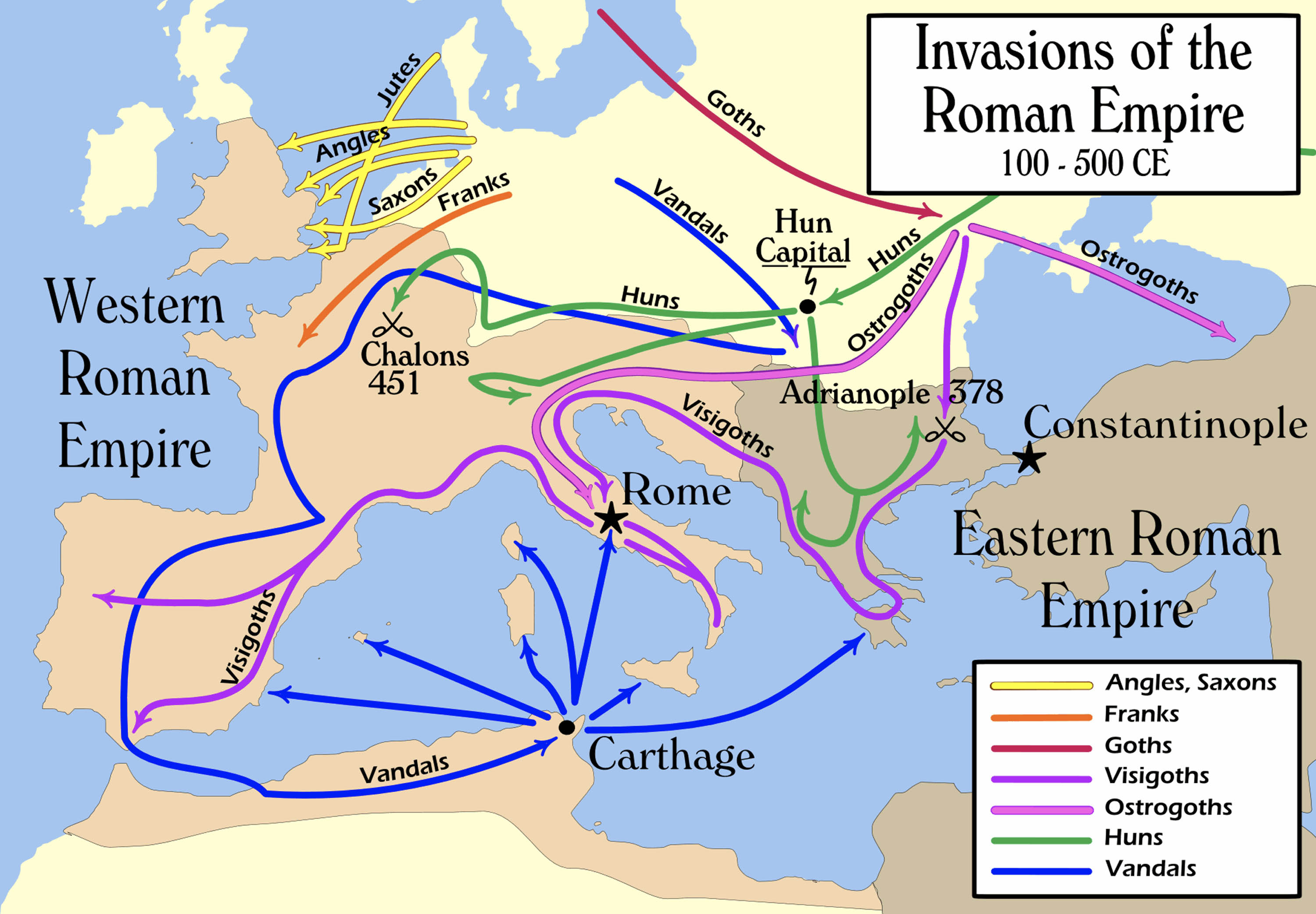 Map uses arrows to represent areas invaded by Germanic peoples, including Rome, Carthage, and the Hun Capital.