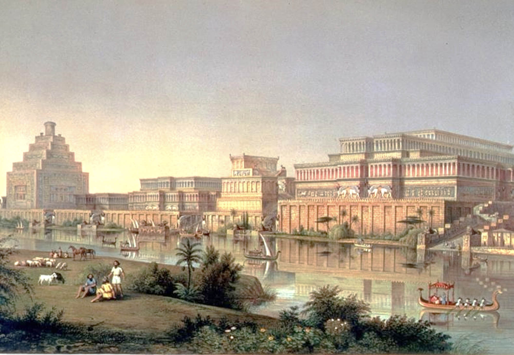 A painted scene of an elaborate city along a body of water. There are ornate, large buildings lining the water, and people in boats on the water. On the other side, three men sit with several farm animals surrounded by trees.