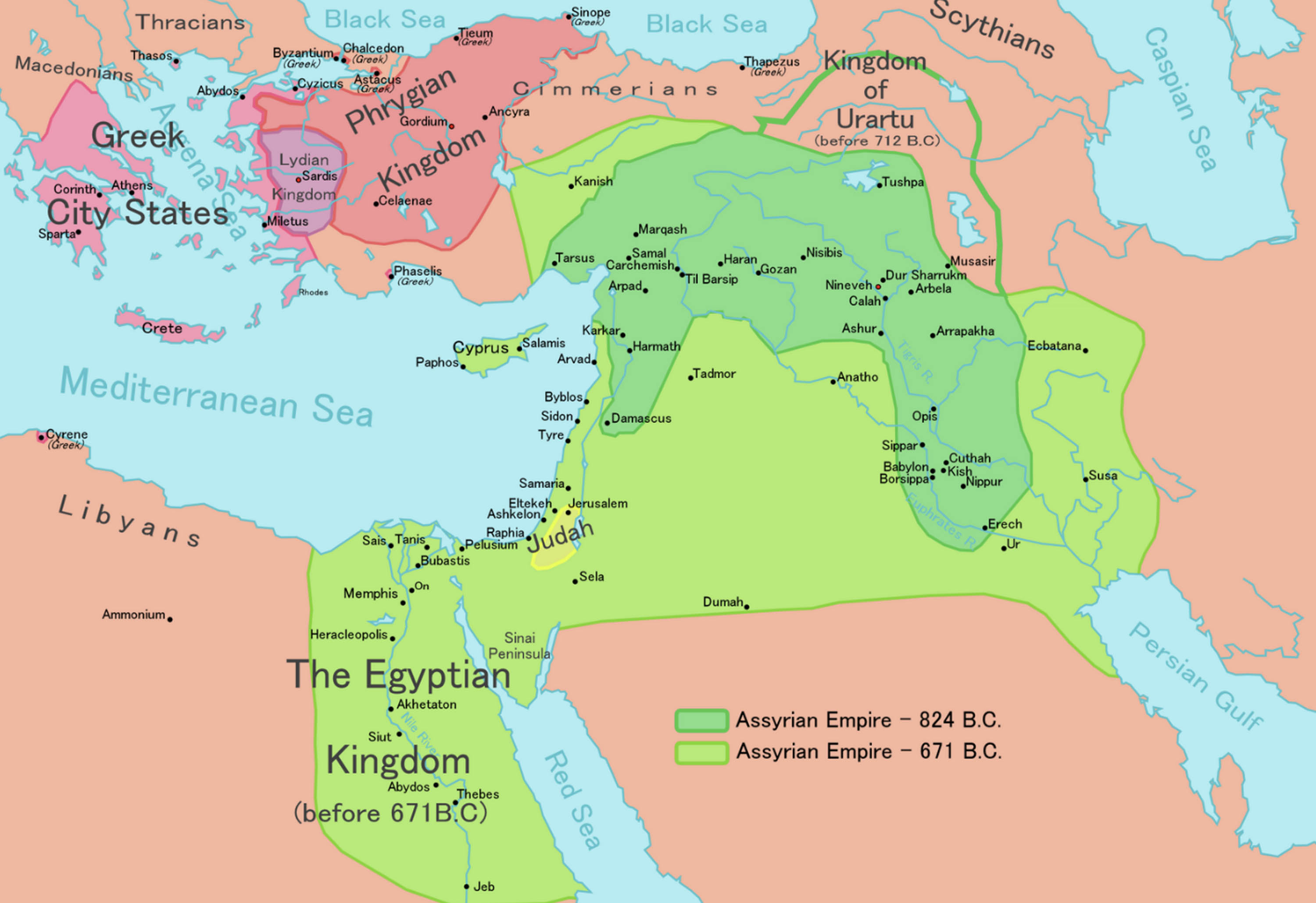 Map showing the extent of the Assyrian Empire, which covered the area between the Persian Gulf and Mediterranean sea and part of Egypt.