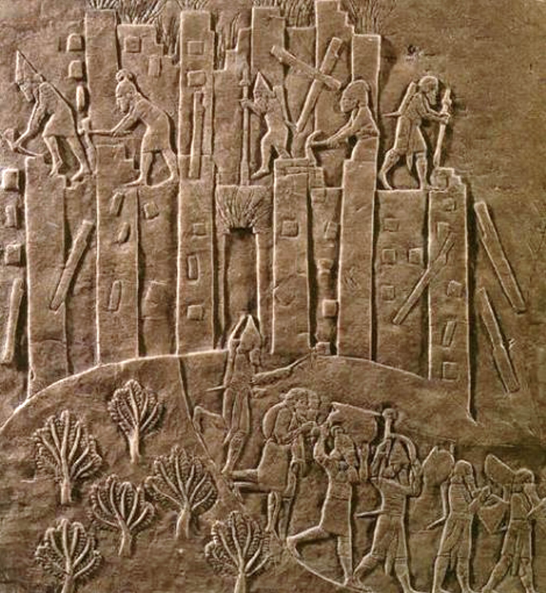 An image carved in stone: People stand on top of buildings with axes, knocking them down. In the bottom-right corner, people are fleeing.