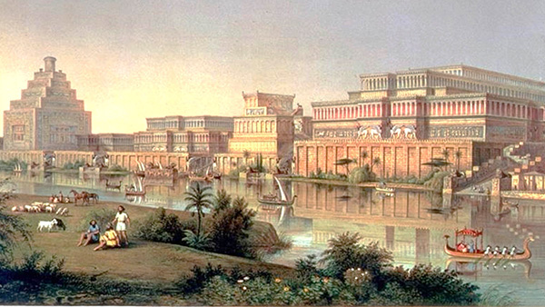 A painted scene of an elaborate city along a body of water. There are ornate, large buildings lining the water, and people in boats on the water. On the other side, three men sit with several farm animals surrounded by trees.