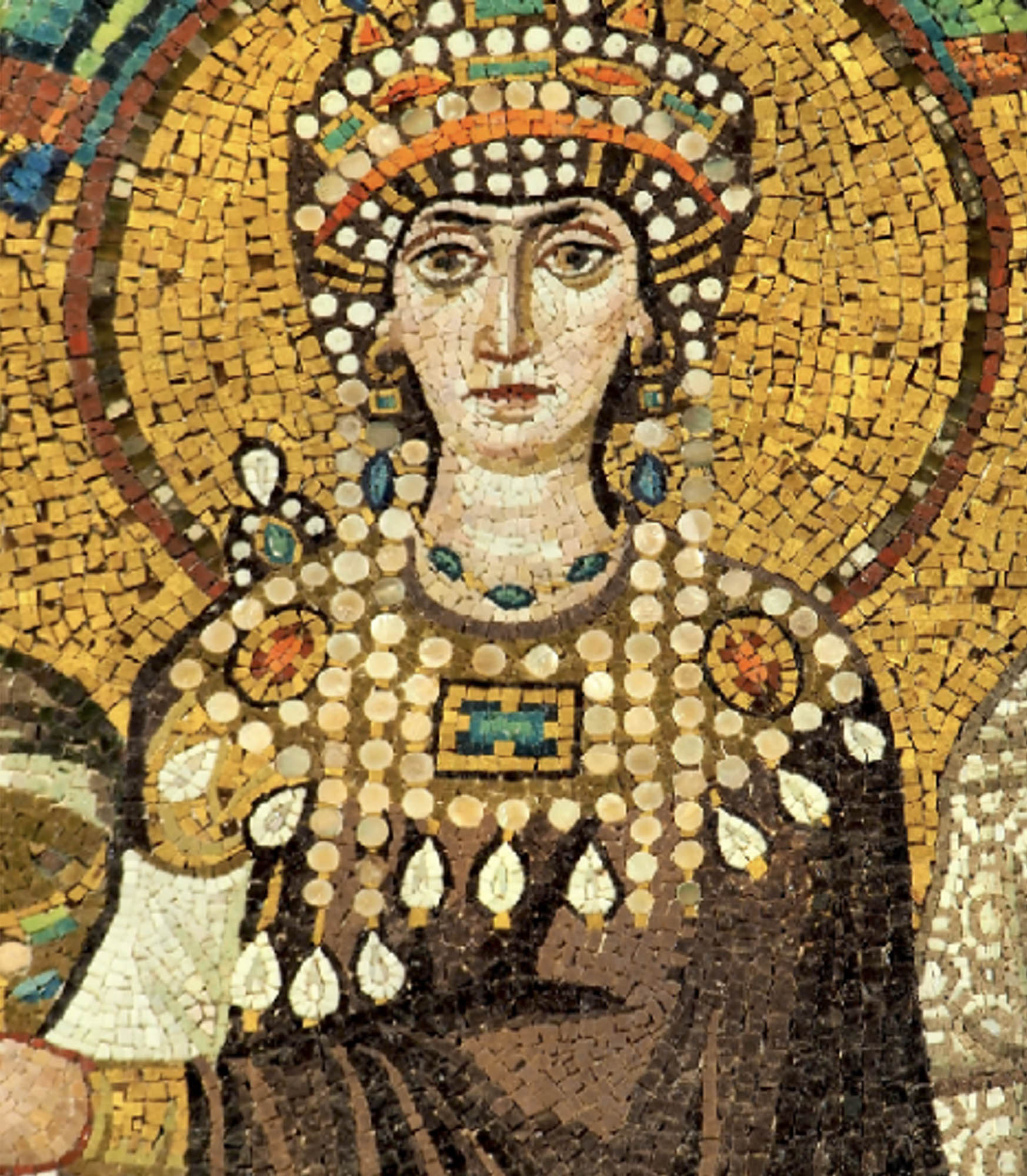 Mosaic of a woman, the Empress Theodora, wearing an elaborate headdress covered in colorful gems.