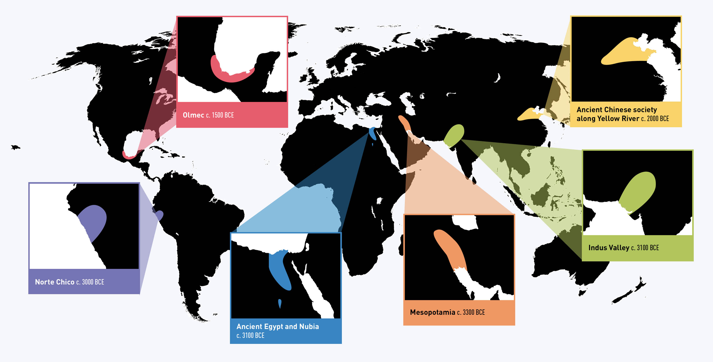 World map showing places of the first agrarian societies around the world.