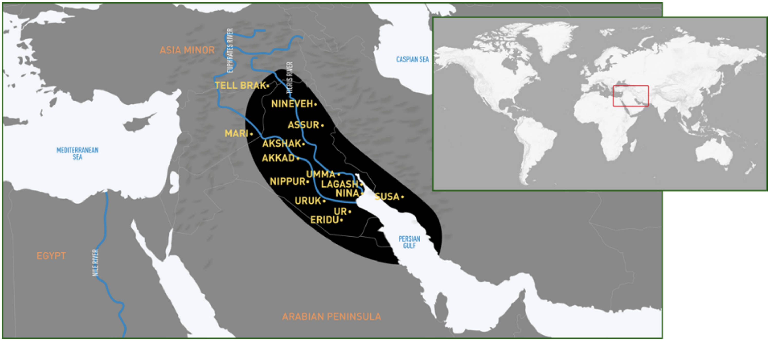 Map showing Mesopotamian city-states and the extent of the Akkadian Empire.