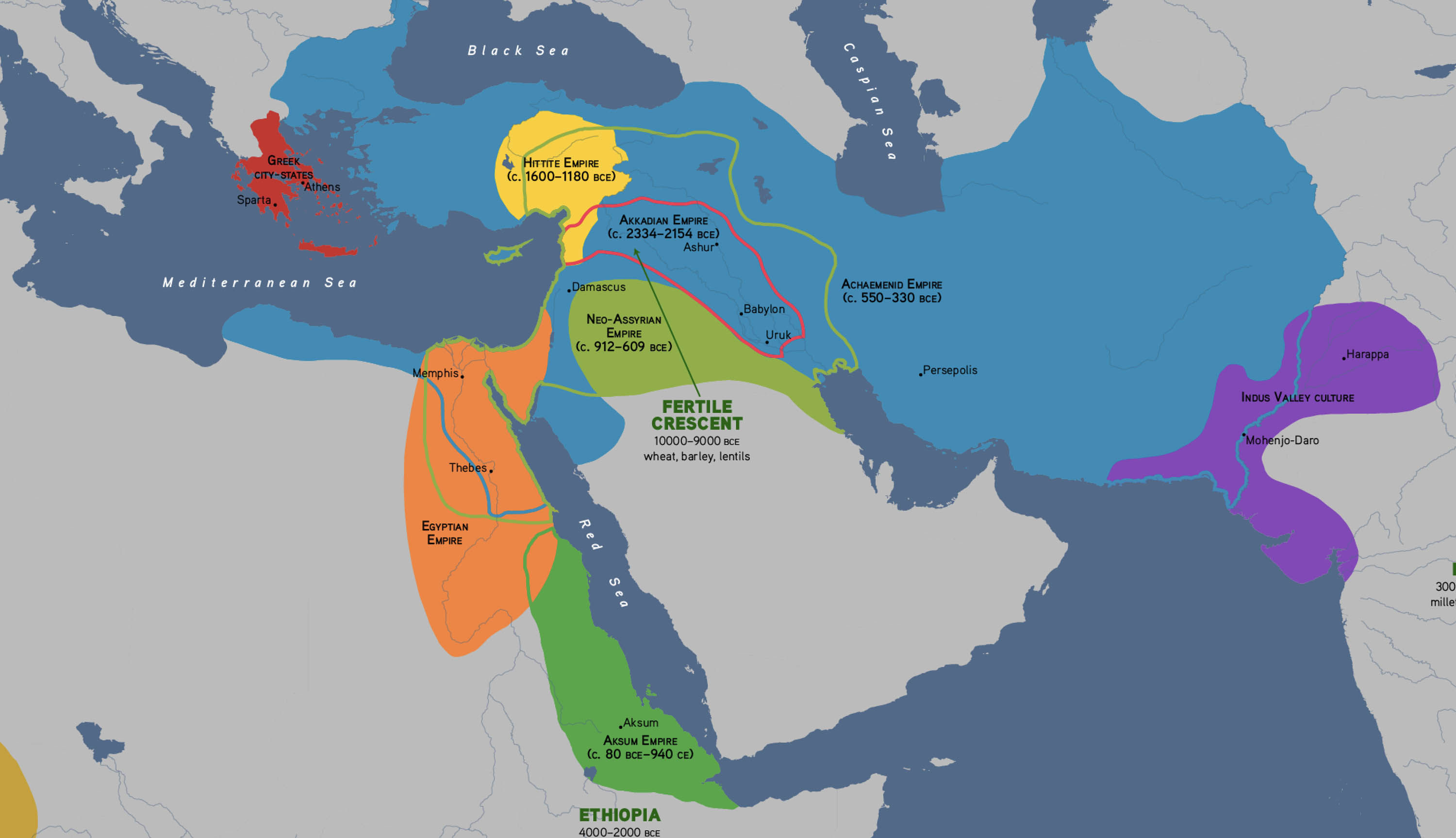 Map of ancient empires c. 300 BCE including the Akkadian Empire outlined in red.