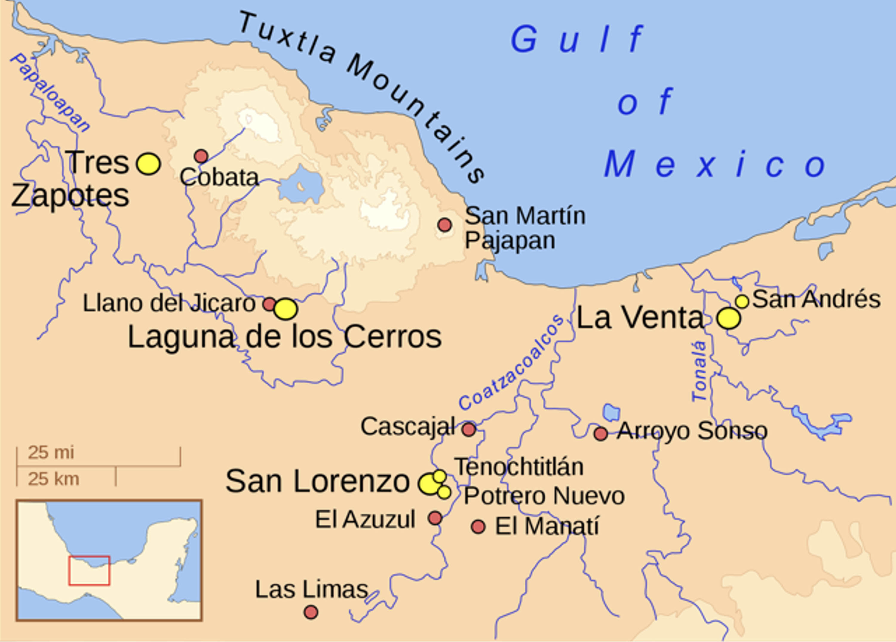 Map shows major Olmec settlement sites along the Gulf of Mexico