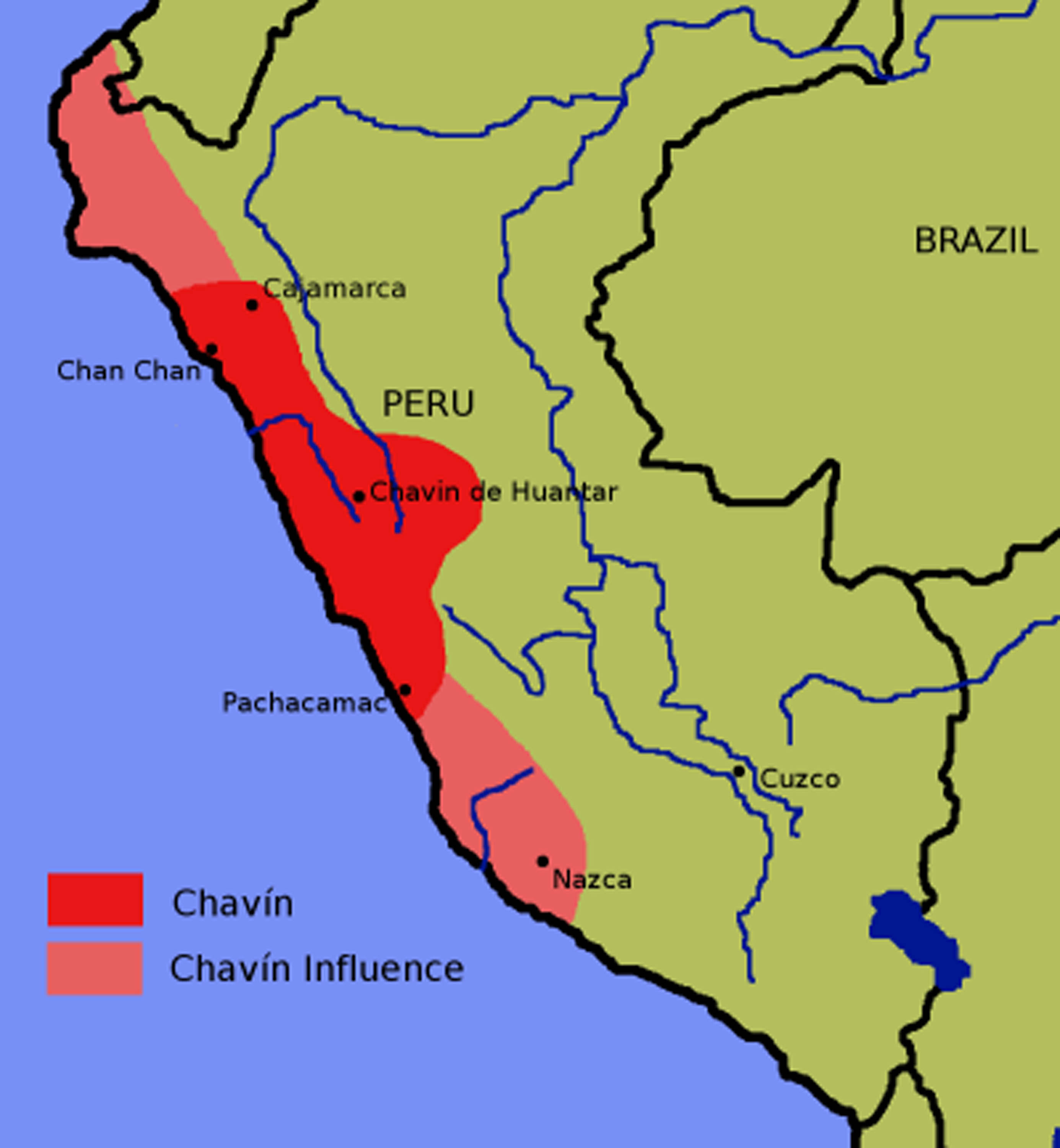 Map shows location of Chavín and its area of influence in relation to Peru and Brazil