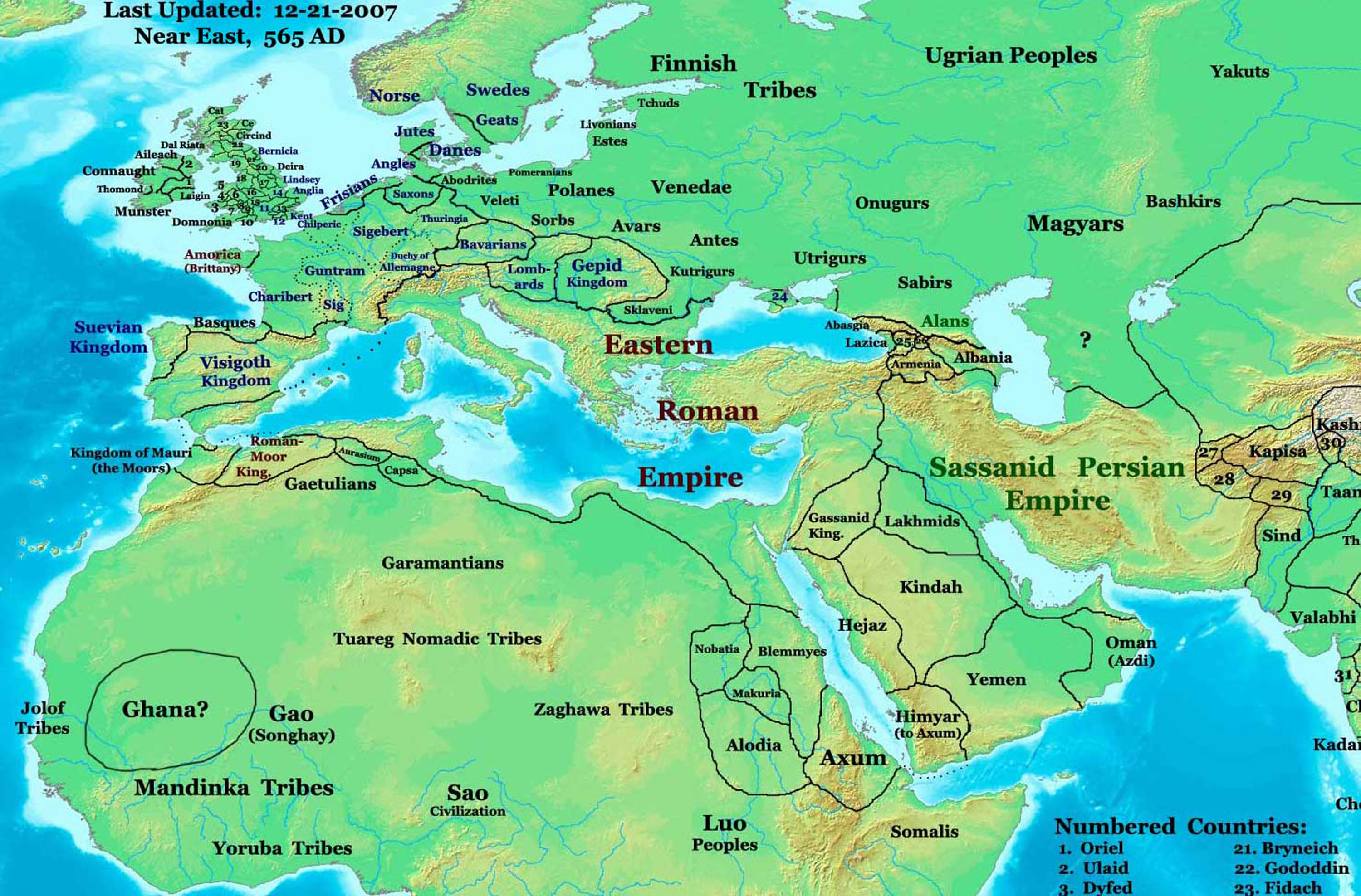 Map shows the locations of sixth-century empires, including Aksum