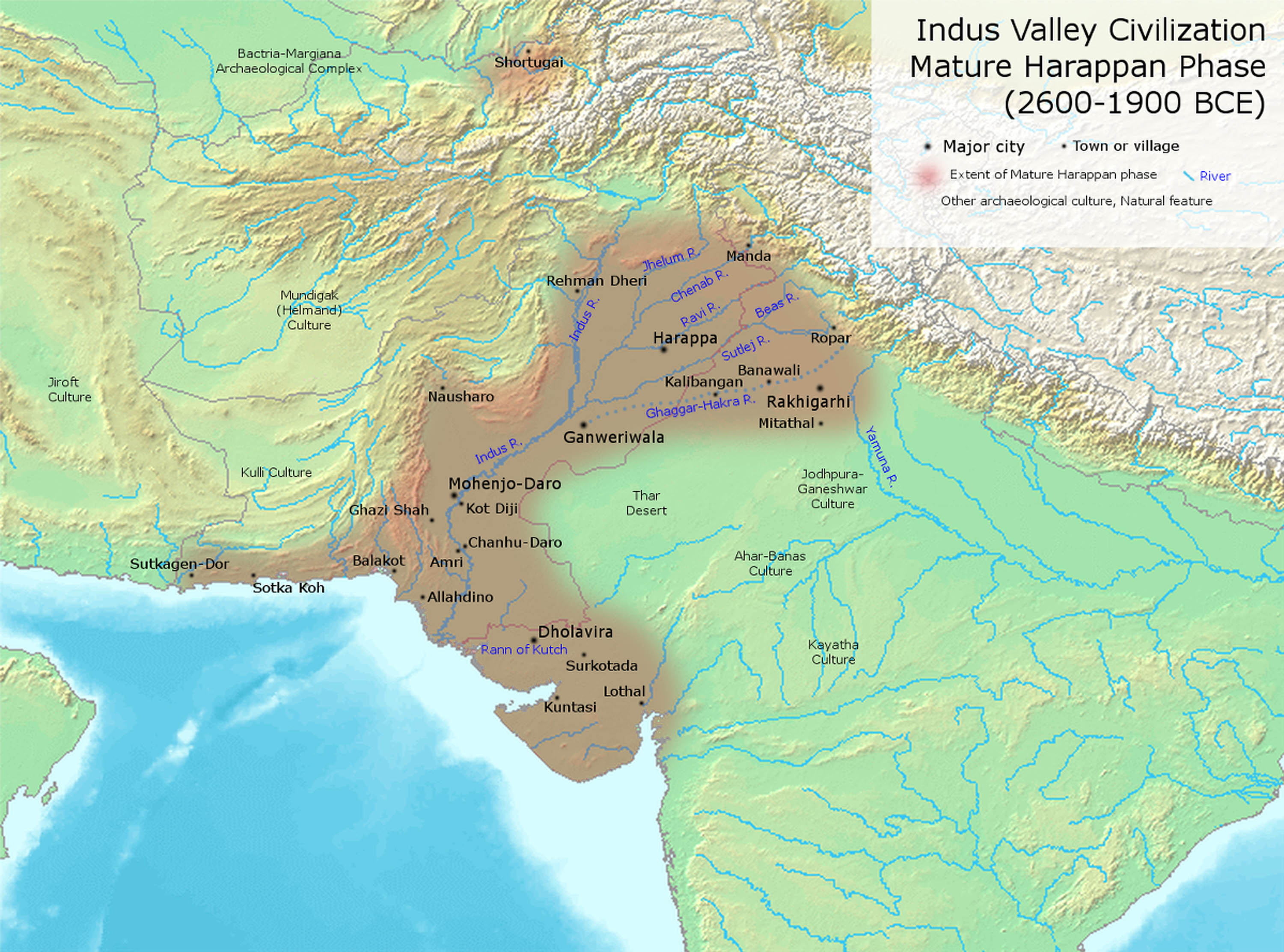 Map image shows the extent of the Indus River Valley society. The society existed along and around the perimeter of the river.