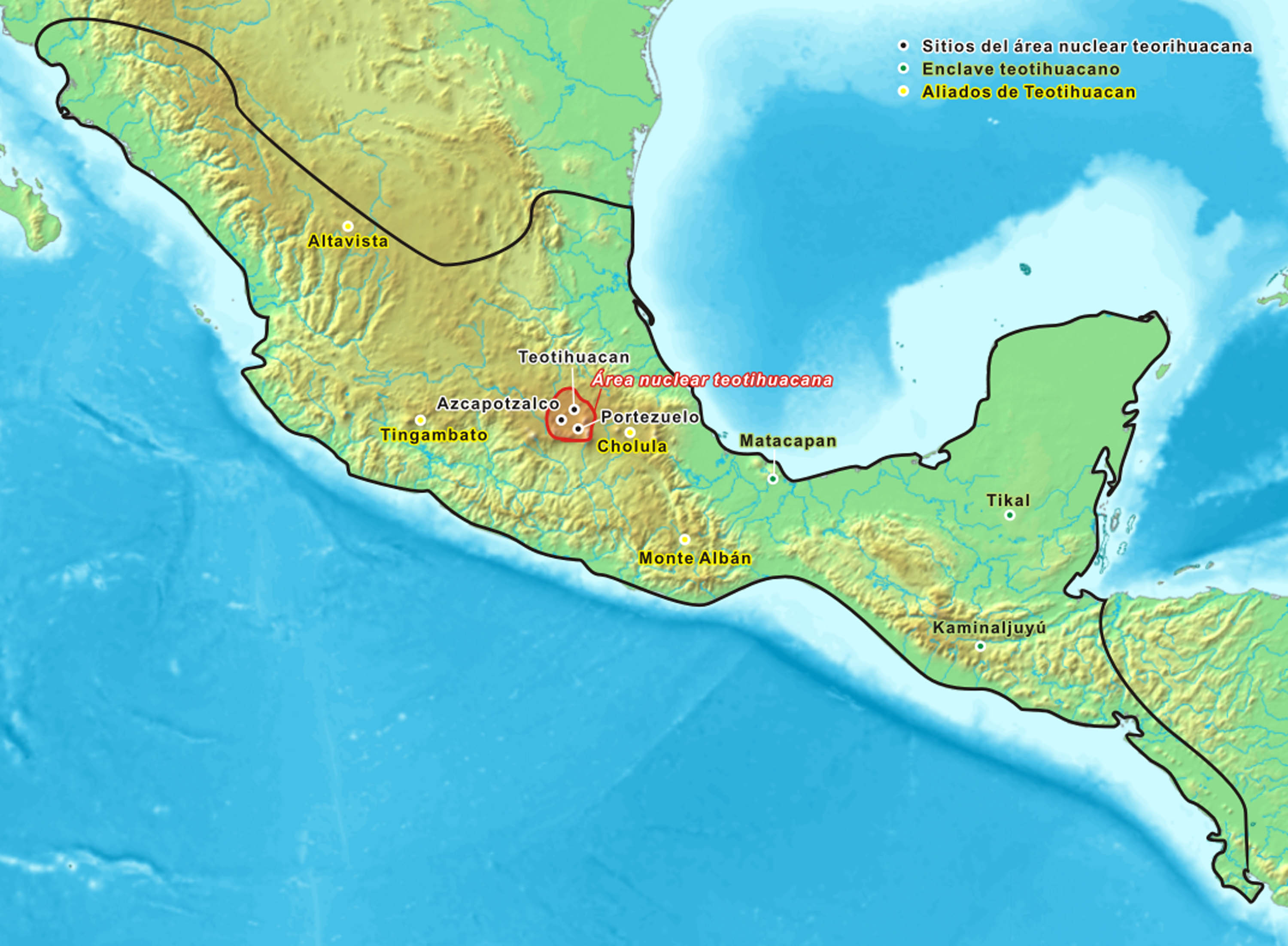Map shows Teotihuacan in relation to the cities it was allied with and controlled