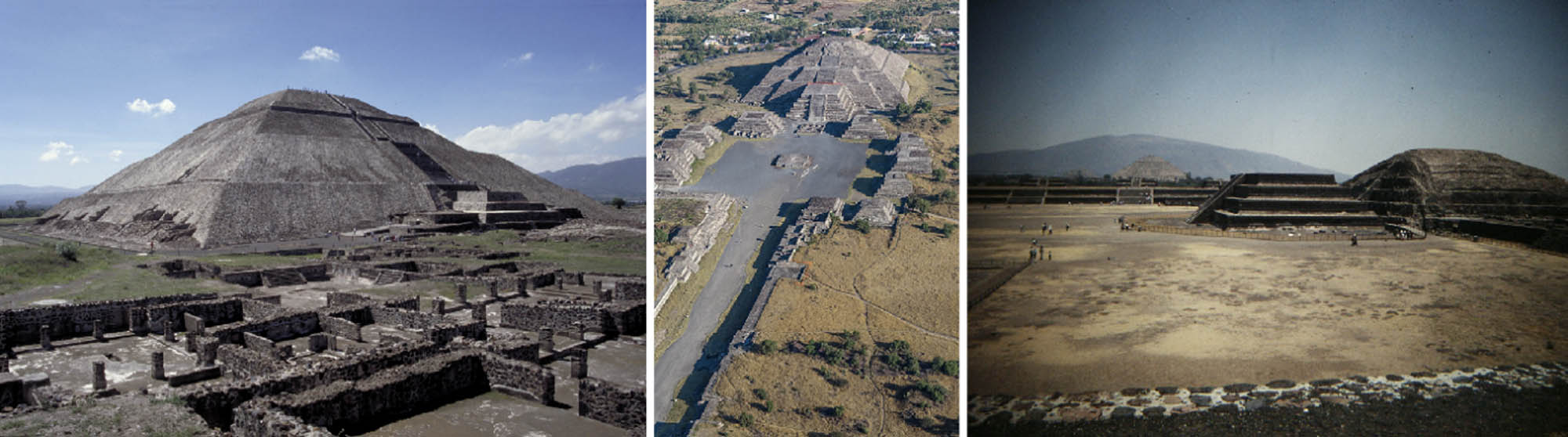 Three images show temples and structures at Teotihuacan from various viewpoints.