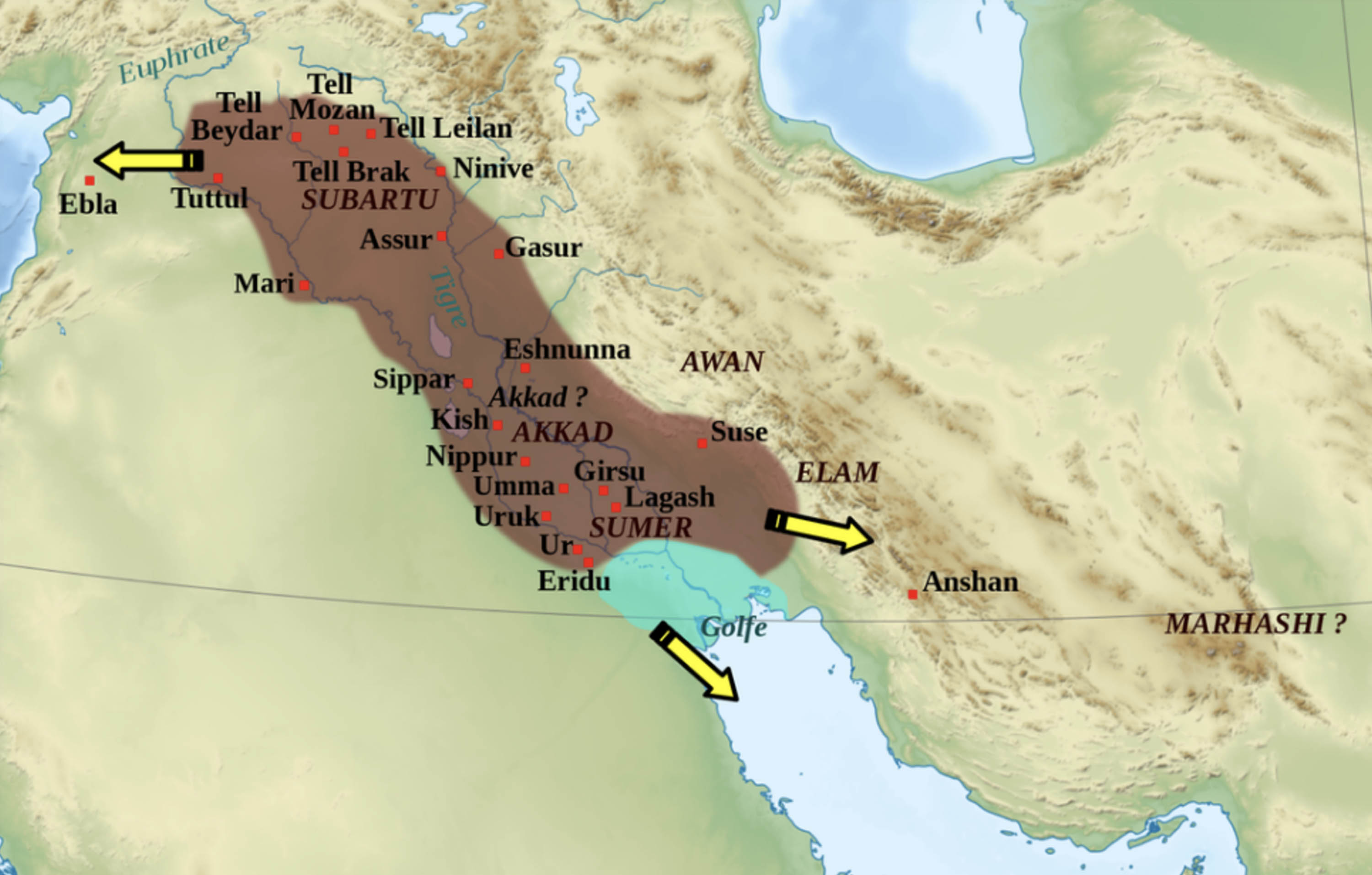 Map of the Akkadian Empire as it stretched from modern day Syria, Iraq, and Kuwait.