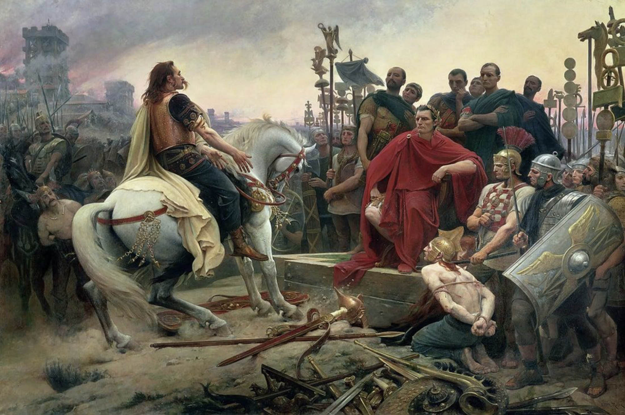 A king, mounted on a horse, throws down his weapons before the conquering Roman ruler, Julius Caesar.