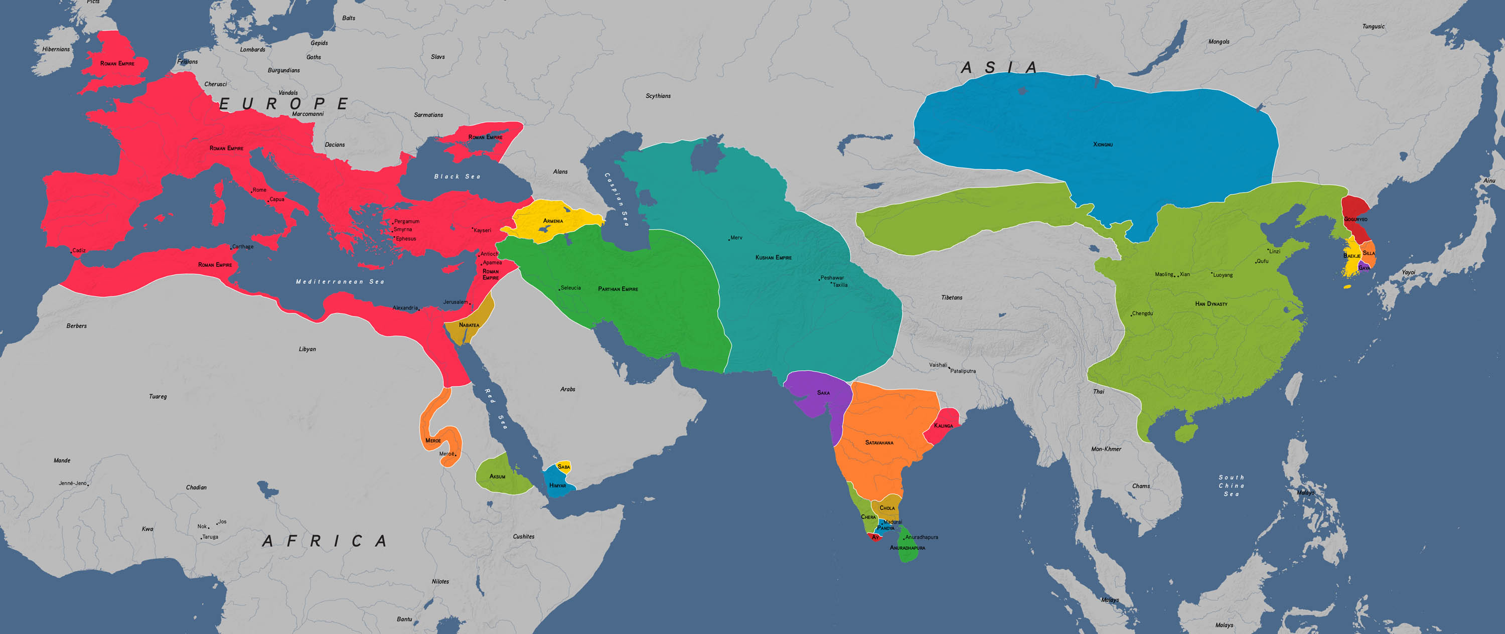 A map of the world circa 100 CE showing the spread of various empires including Roman around the Mediterranean, and the Han near the East China Sea.