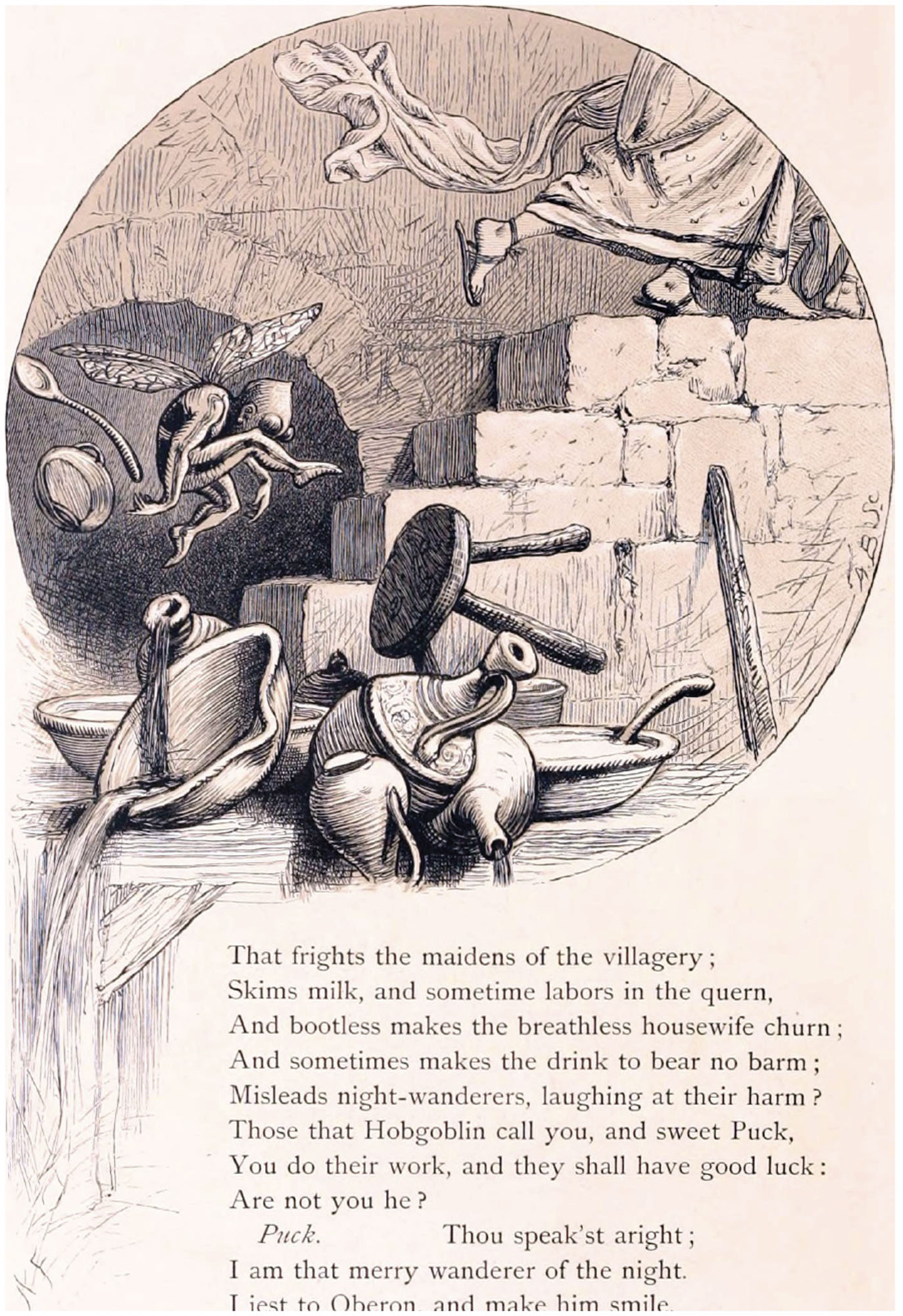 A photo of a page of one of Shakespeare’s works. The illustration shows a person walking up stone stairs; behind them, a fairy causes mischief by knocking over pots and bowls.