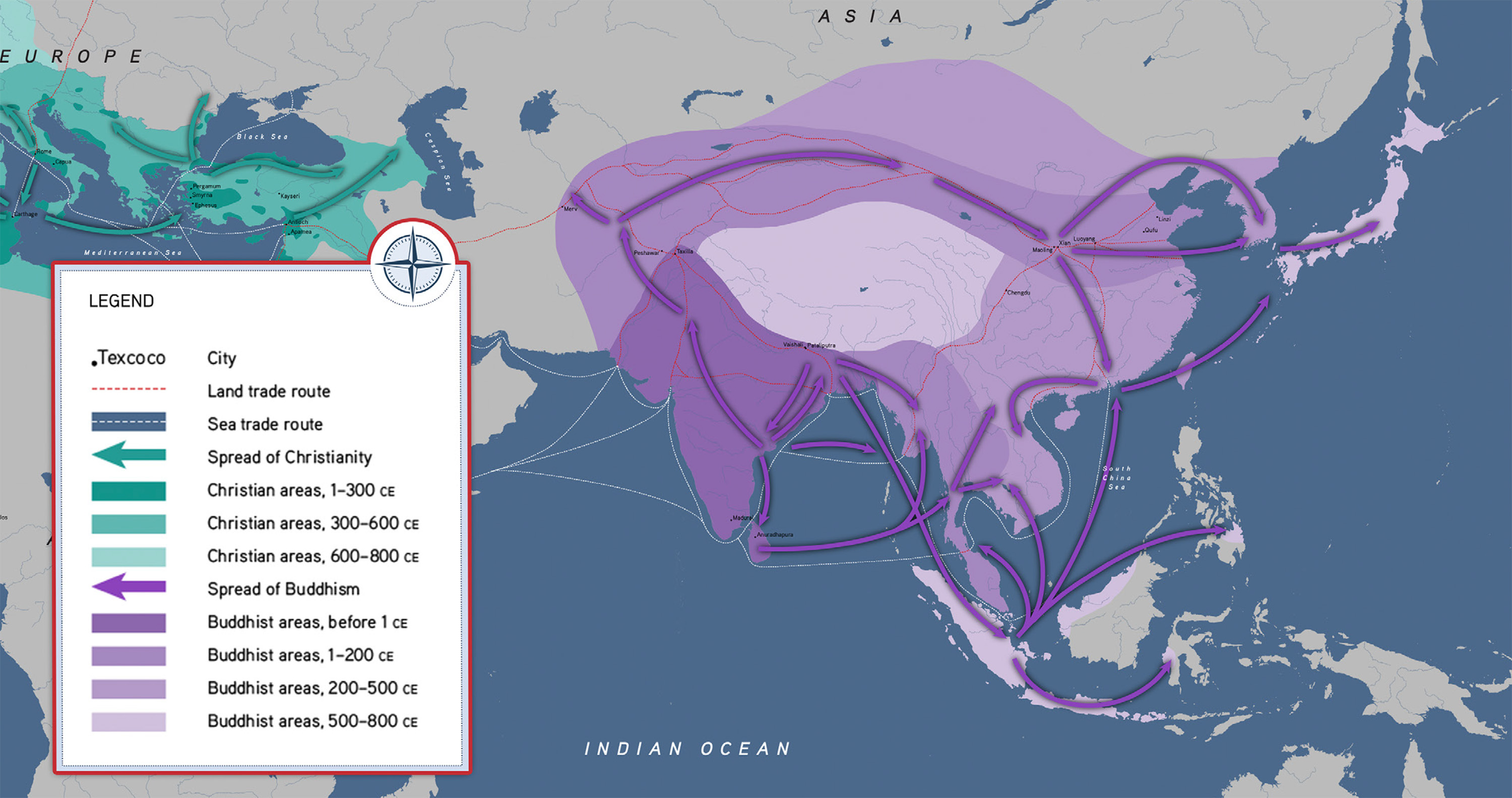 A map of sections of Central and South Asia with various colors and arrows indicating the expansion of Buddhism.