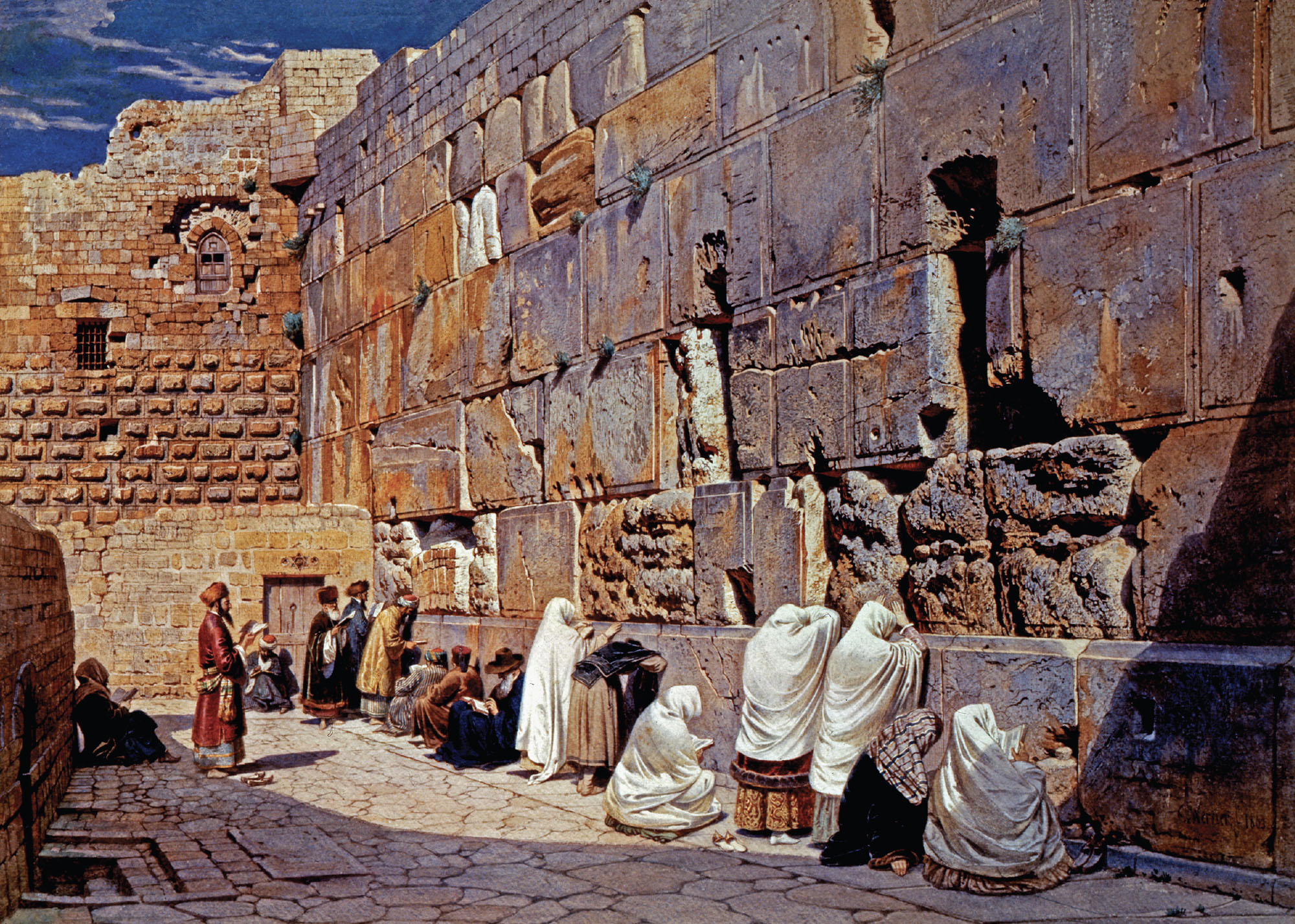 Painted depiction of many people pressing their faces against a very large stone wall.