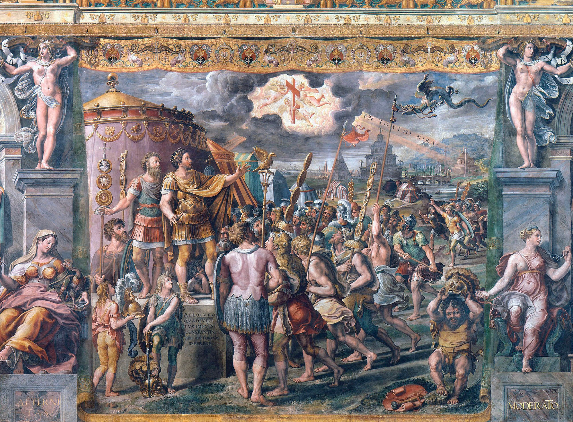 A detailed and busy painted scene. There are many people crowded together, and some are looking up at the sky, where a parting in the clouds shows a group of cherubs holding a cross.