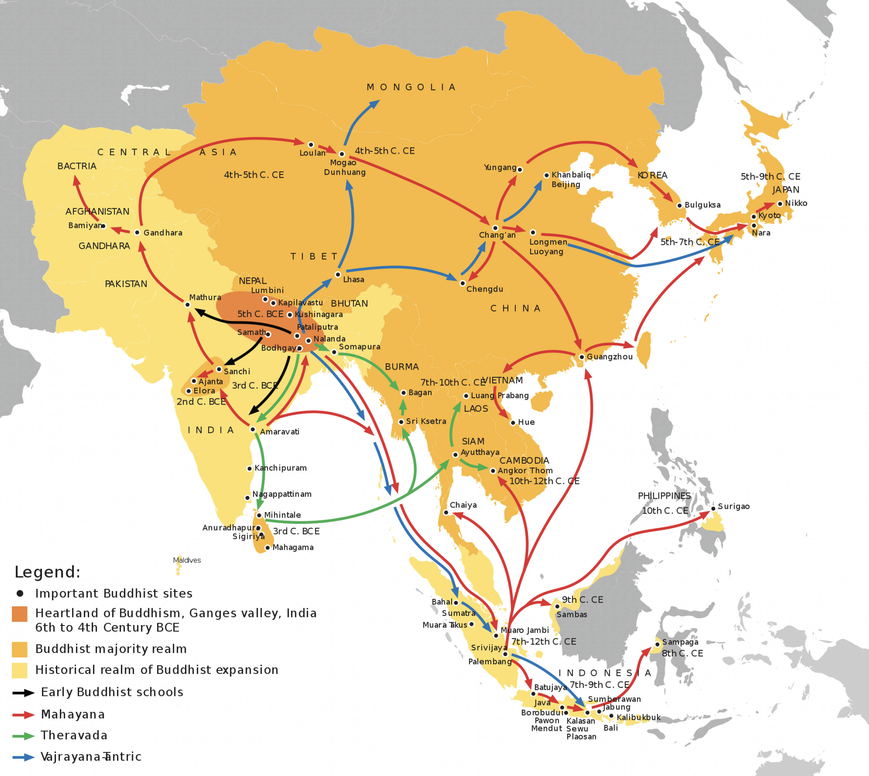 Map shows the expansion of Buddhism from India to China.