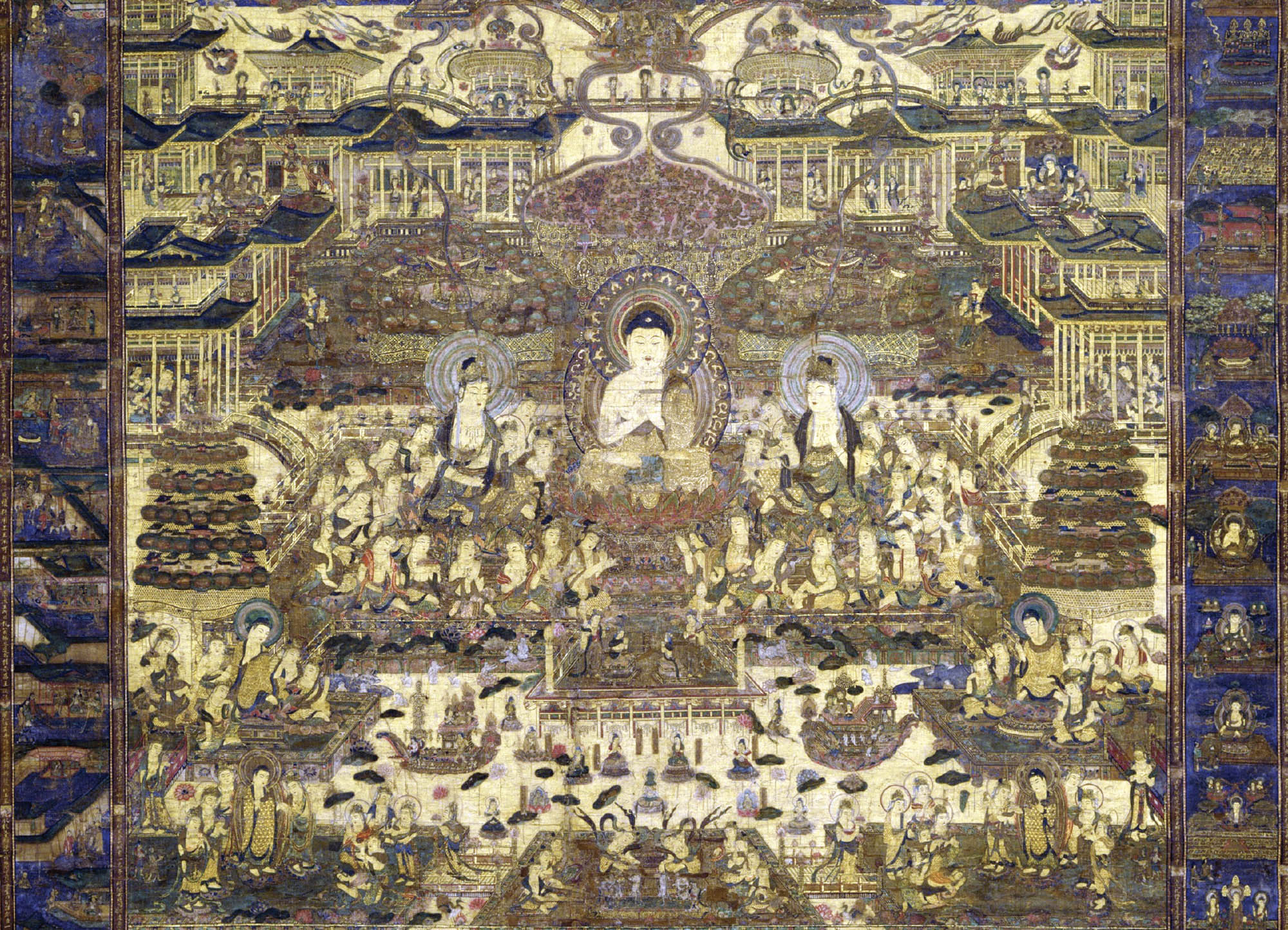 An extremely detailed and ornate painting of the Buddha in the center of a city or collection of temples.