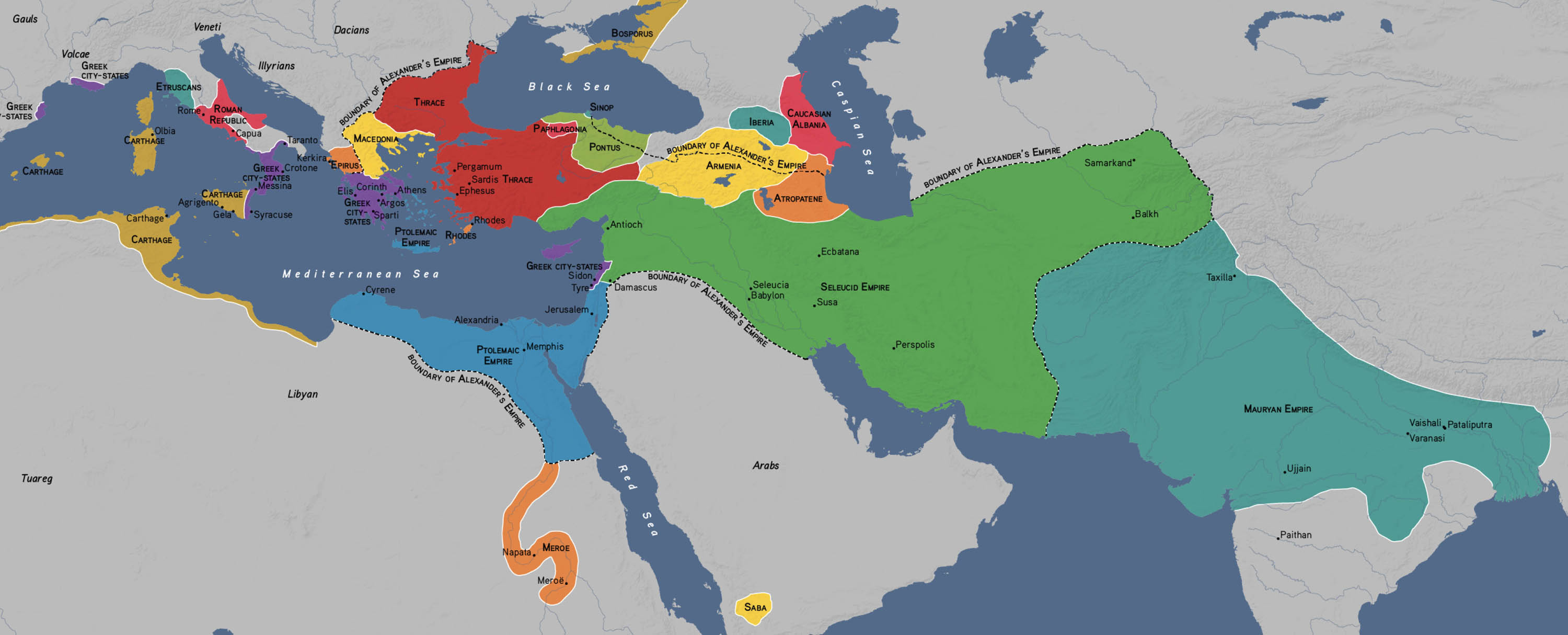 A map showing the areas of Alexander the Great’s empire and the successor kingdoms it broke into.
