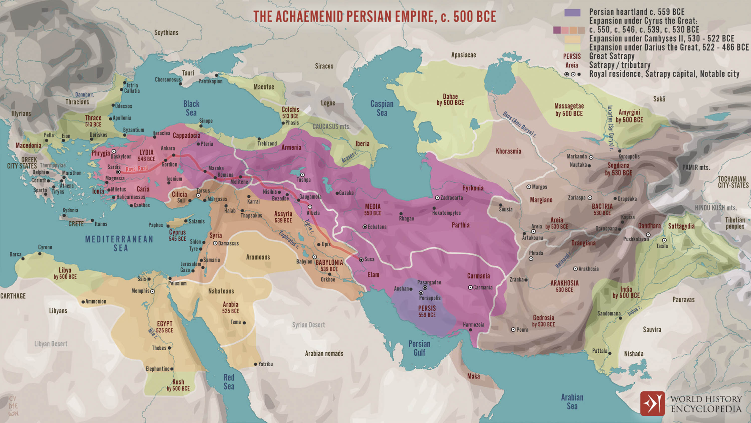 A map showing the stages of the Persian Empire’s expansion. The areas in purple and pink are its earliest territories, with orange, brown, and green coming from later conquests.