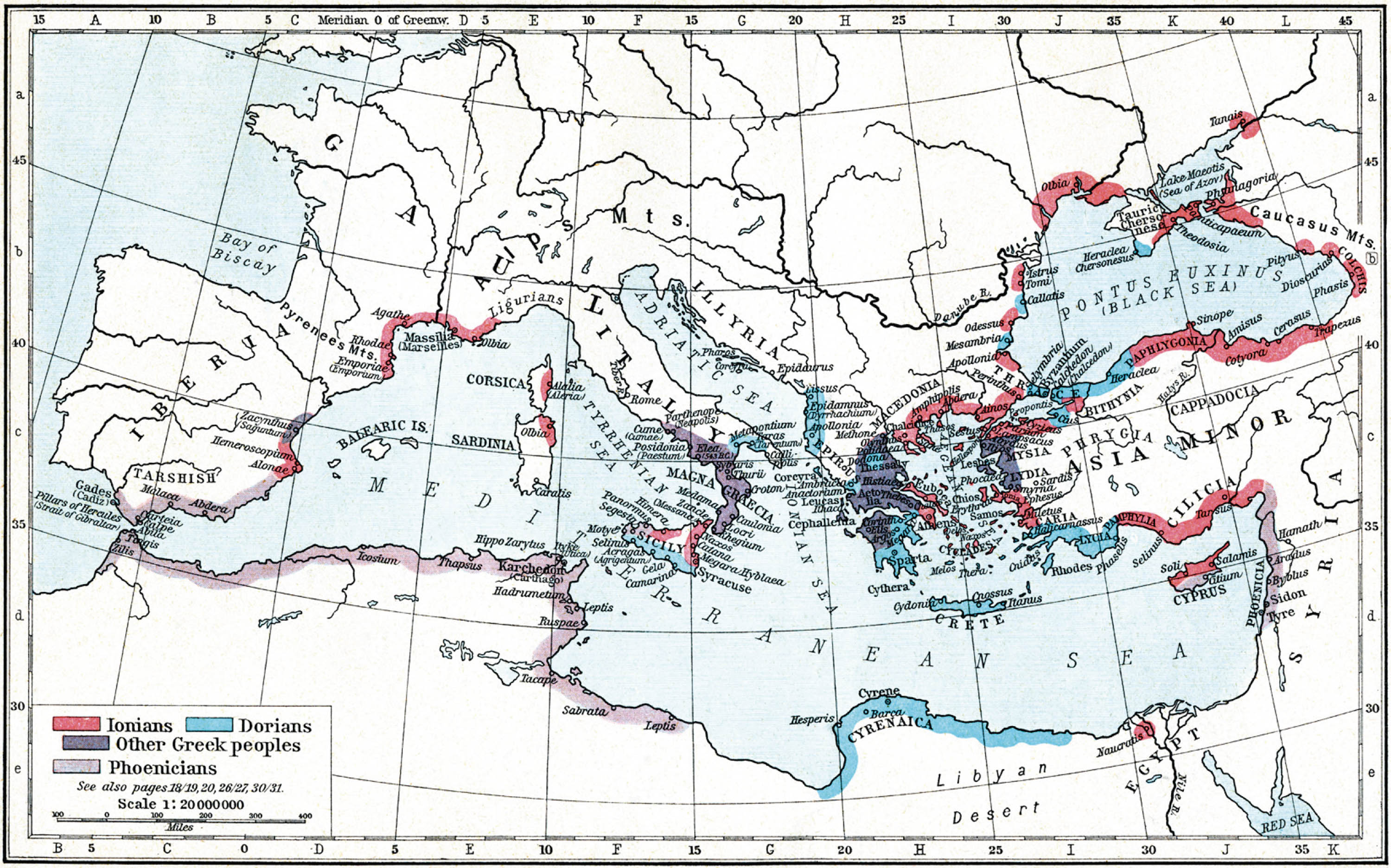 Map of Greek and Phoenician Settlements in the Mediterranean Basin. Red, blue, and dark purple indicate the areas colonized by Greek city-states around the Mediterranean and Black Seas.