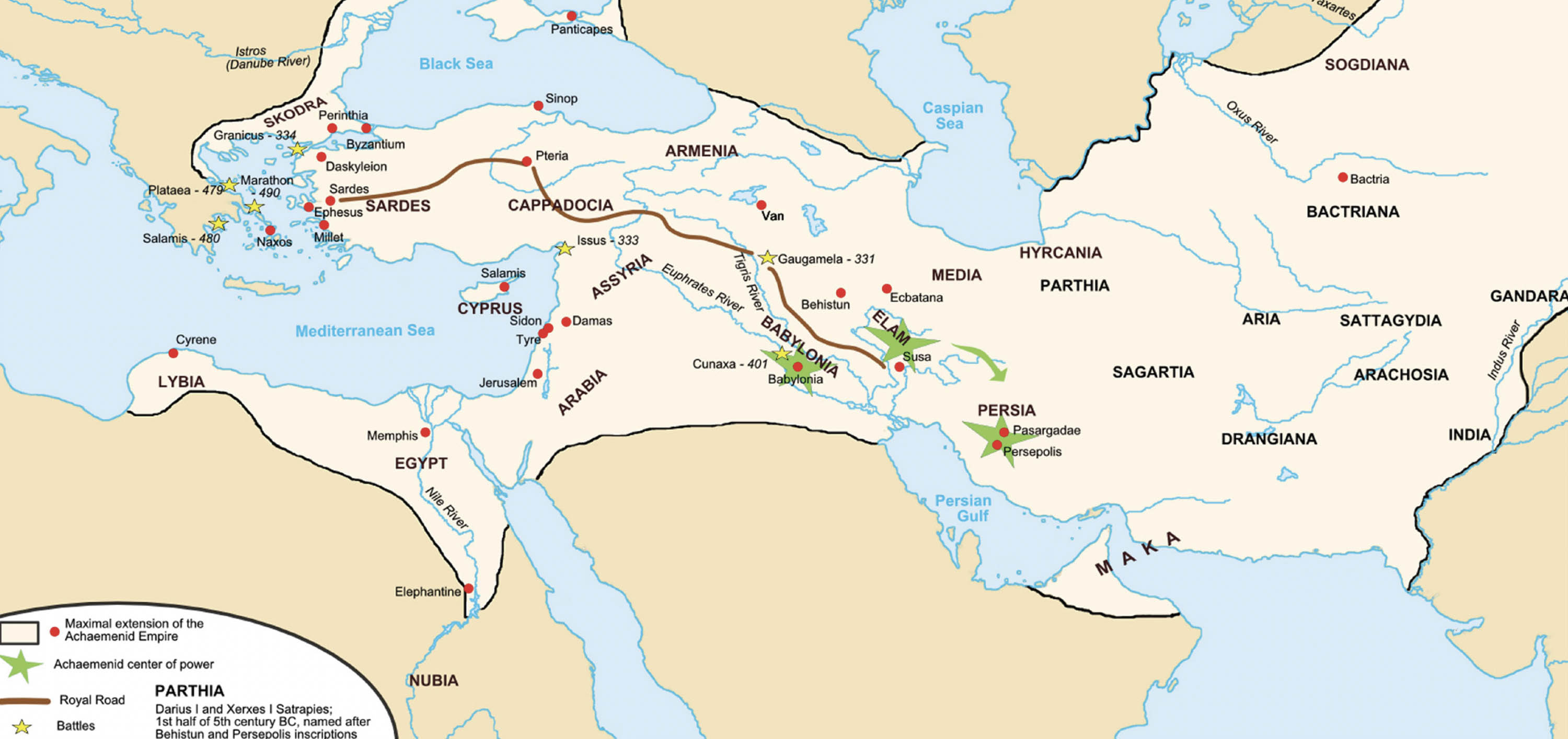 A map of the Persian Empire in the fifth century BCE. The brown line represents the Royal Road and links Persia to the Mediterranean.
