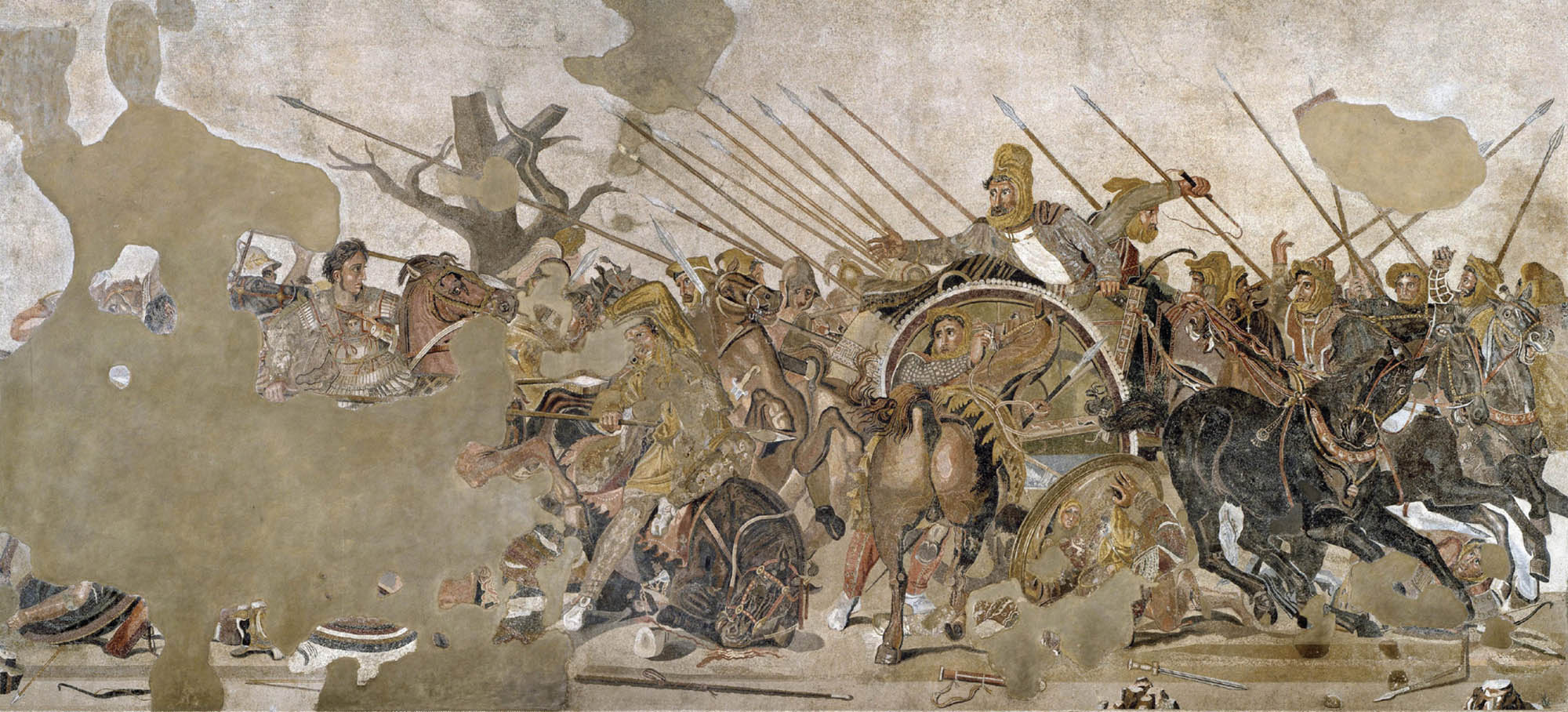 A mosaic showing the Battle of Issus in 333 BCE, during which Alexander the Great defeated the Persian Emperor Darius III. Alexander is seen on the far left, Darius is seen right of center, they are amongst horsemen fighting with spears and shields.