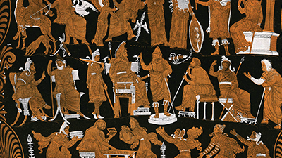 A Greek red figure vase depicting the war council of Darius, King of Persia 549 BCE—486 BCE.