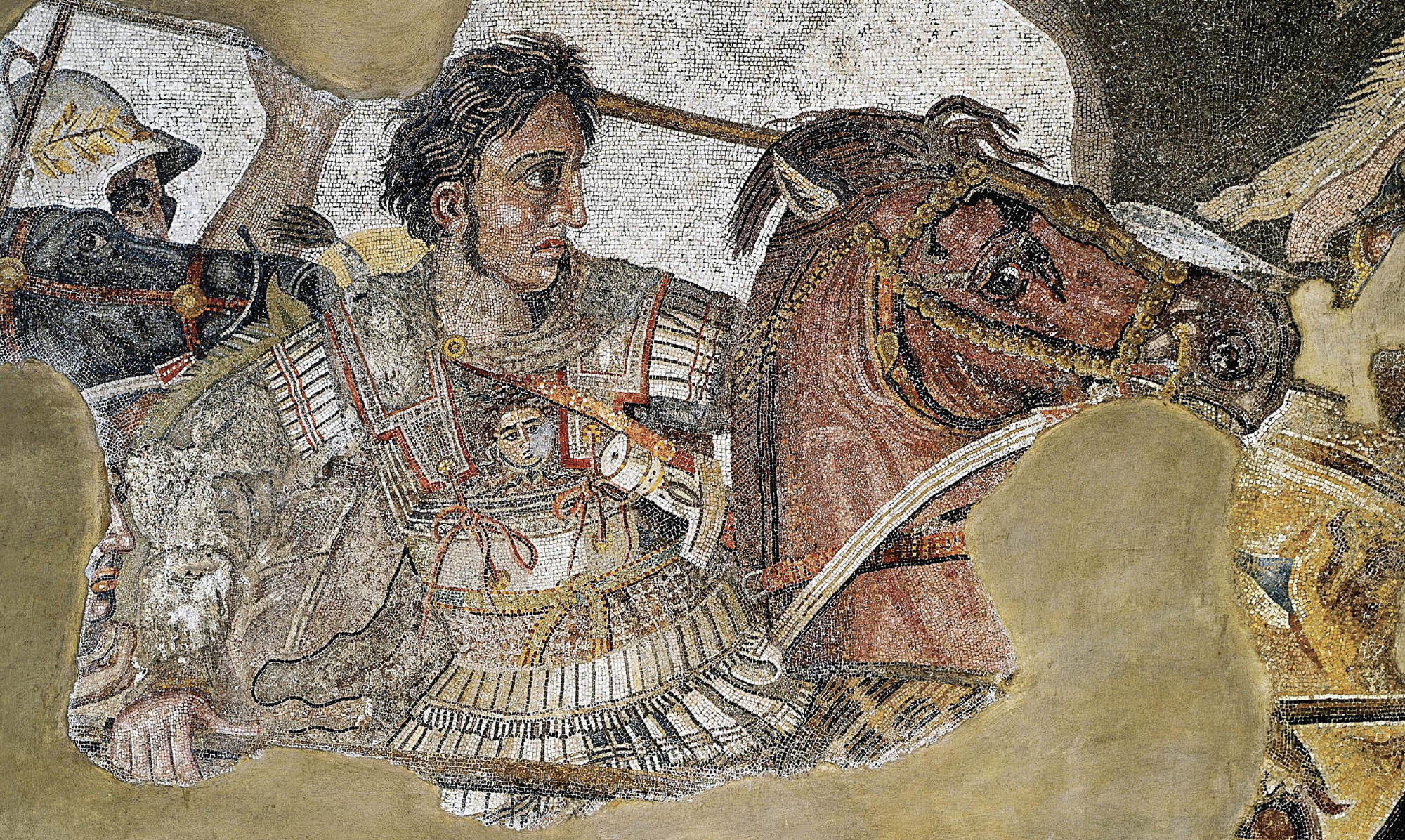 Extremely detailed mosaic depicts Alexander the Great on horseback in the midst of a battle. He carries a spearl