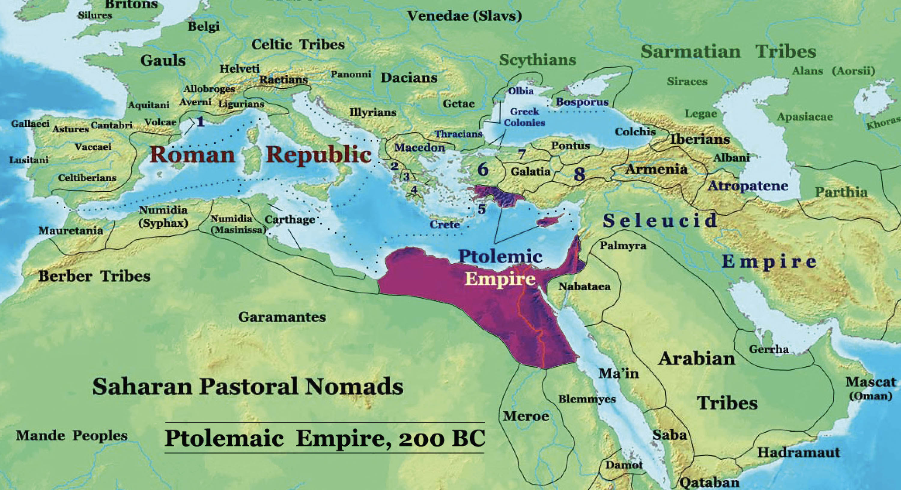 Map shows land claimed by Ptolemaic Empire, most of which is along the sea.