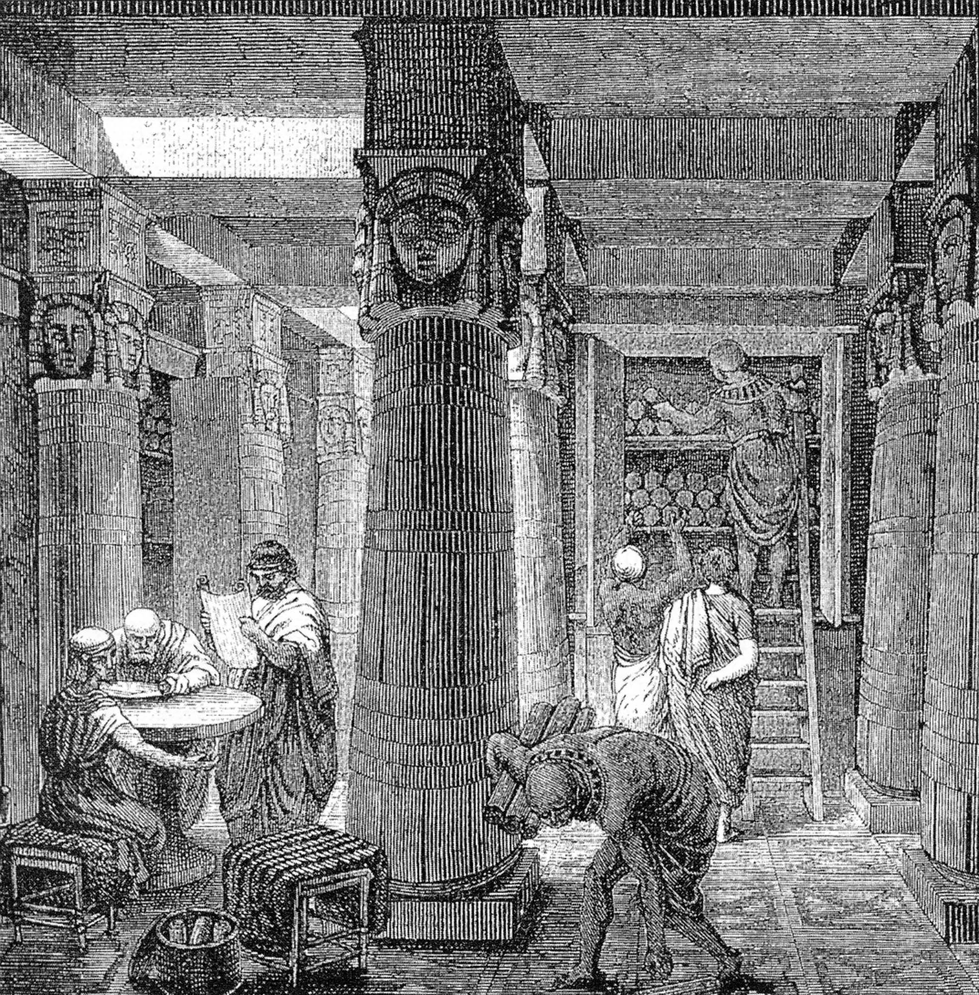 Drawing of the inside of a library. Three men sit at a table, looking at a scroll. One man stands on a ladder, looking at scrolls lined up on a high shelf, and two others stand below him, looking at the shelf.