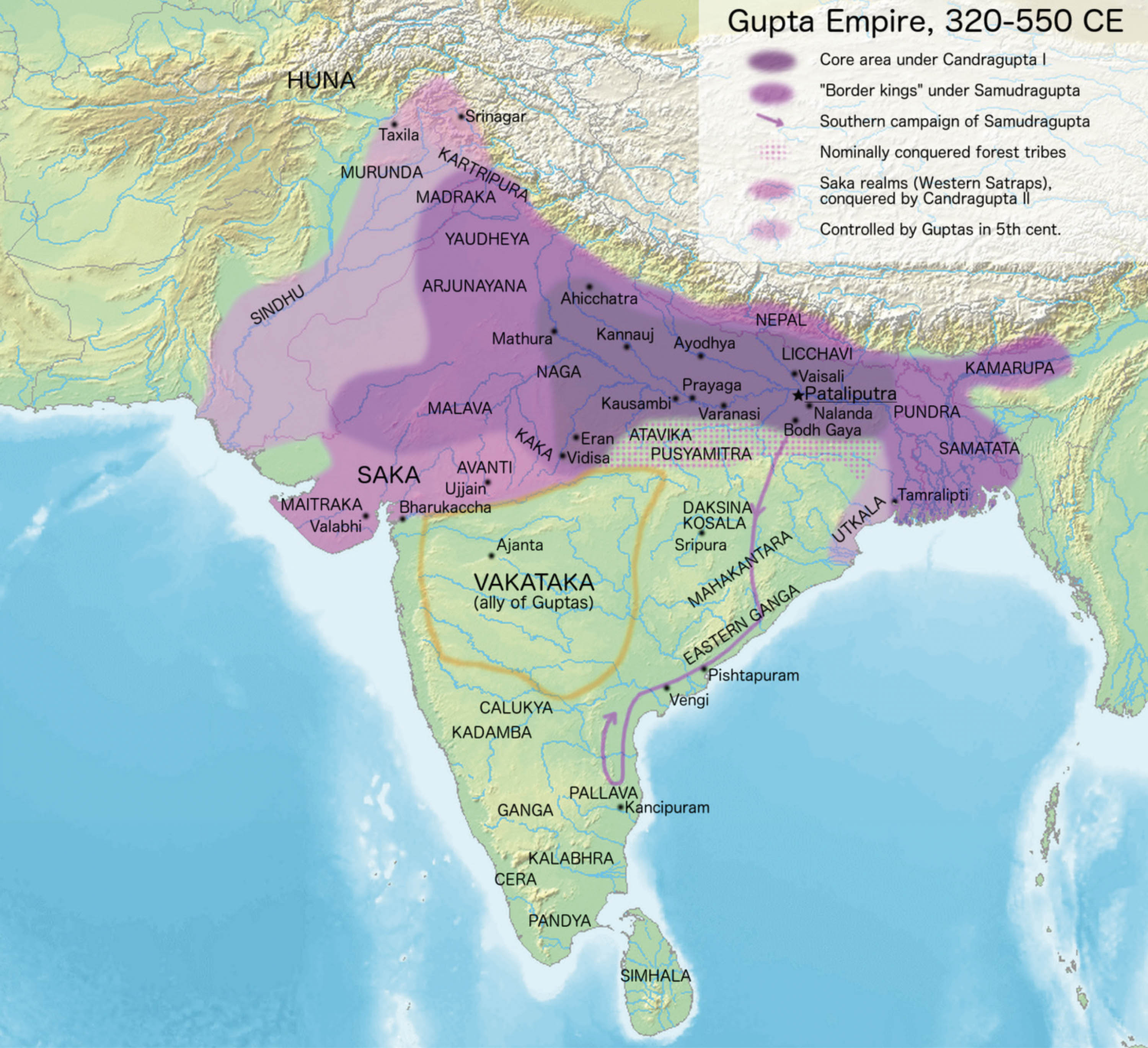 Map of the region ruled by the Gupta empire.