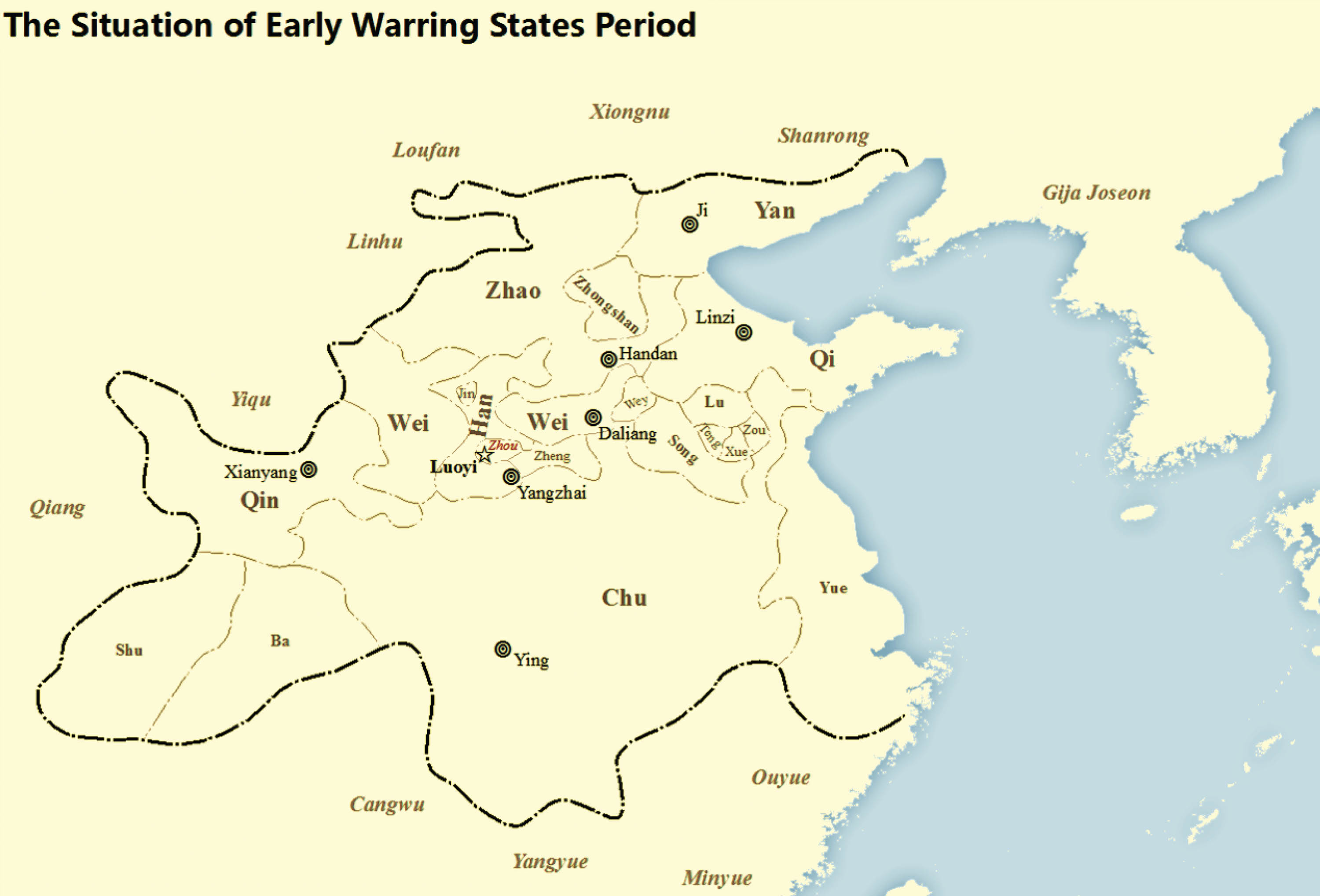 Map shows the intersection and location of the various warring states