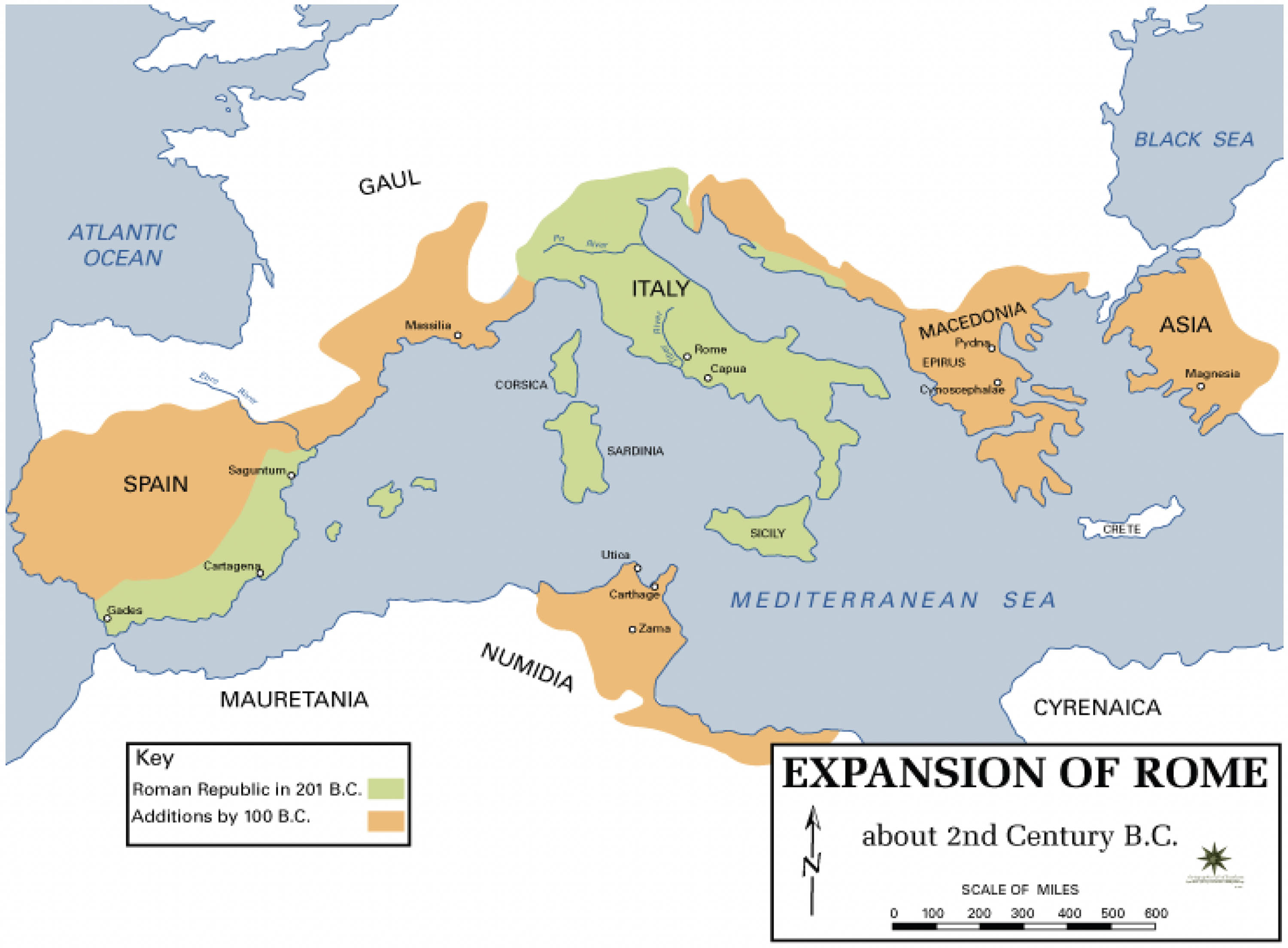 Map shows the initial capture of Italy and part of Spain by the Roman empire, as well as regions that were captured later, including the rest of Spain and Macedonia.