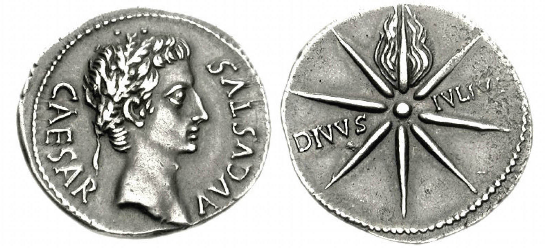 Coin inscribed with the profile of a man and inscribed with the words Augustus Caesar and “ DIVVS IVLIVS ”