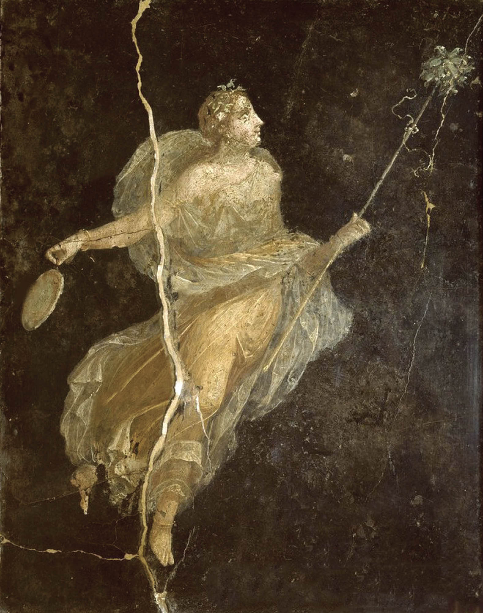 A painting of a figure. They appear to be floating on air and is holding a mirror in one hand. They are wearing a flowing, silk dress.