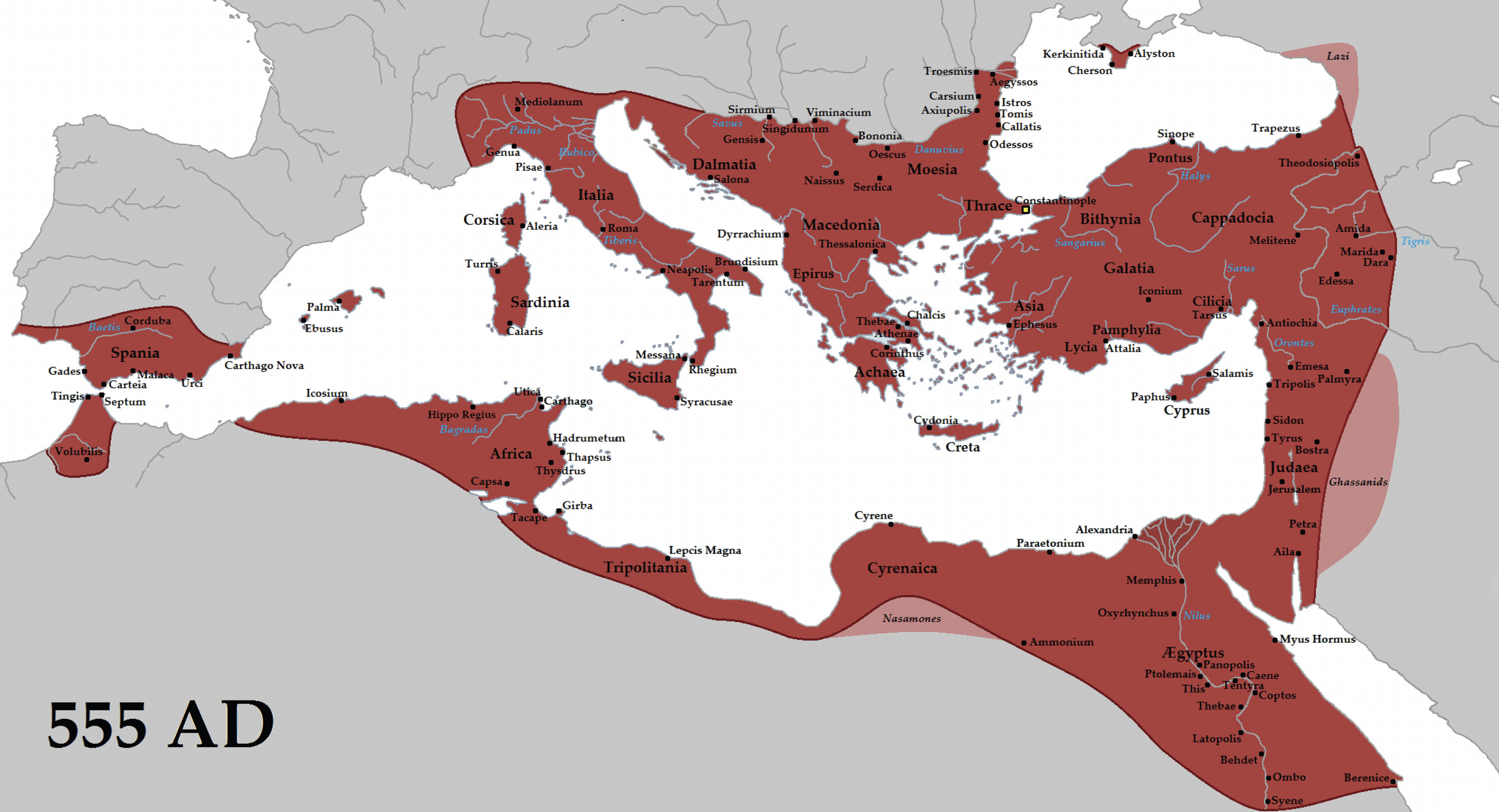 A map shows the areas conquered by the Roman Empire, mostly around the perimeter. Many cities were ruled under the empire.