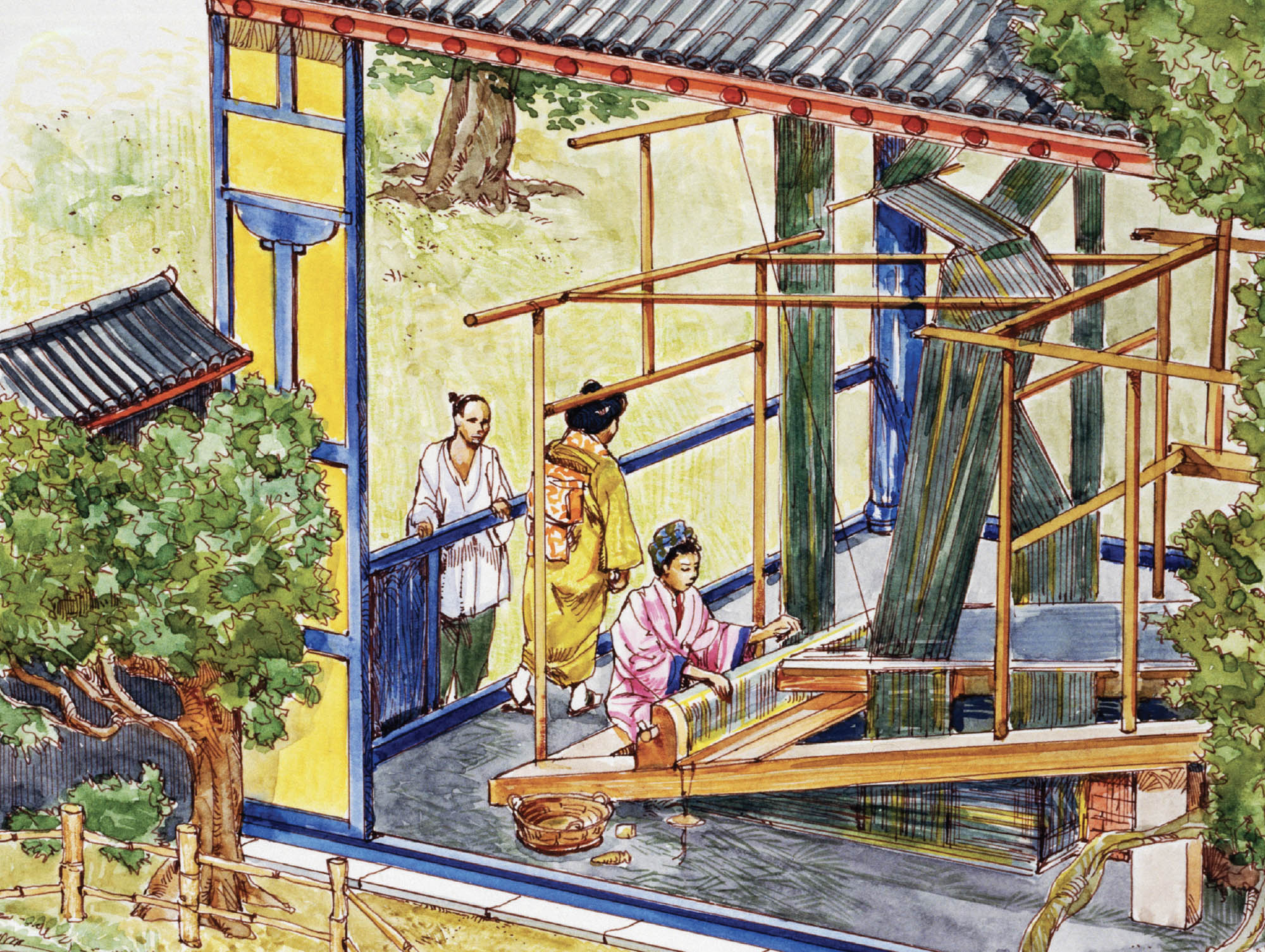 Painting of a woman weaving on a very large loom. Another woman walks past her and a man looks on.