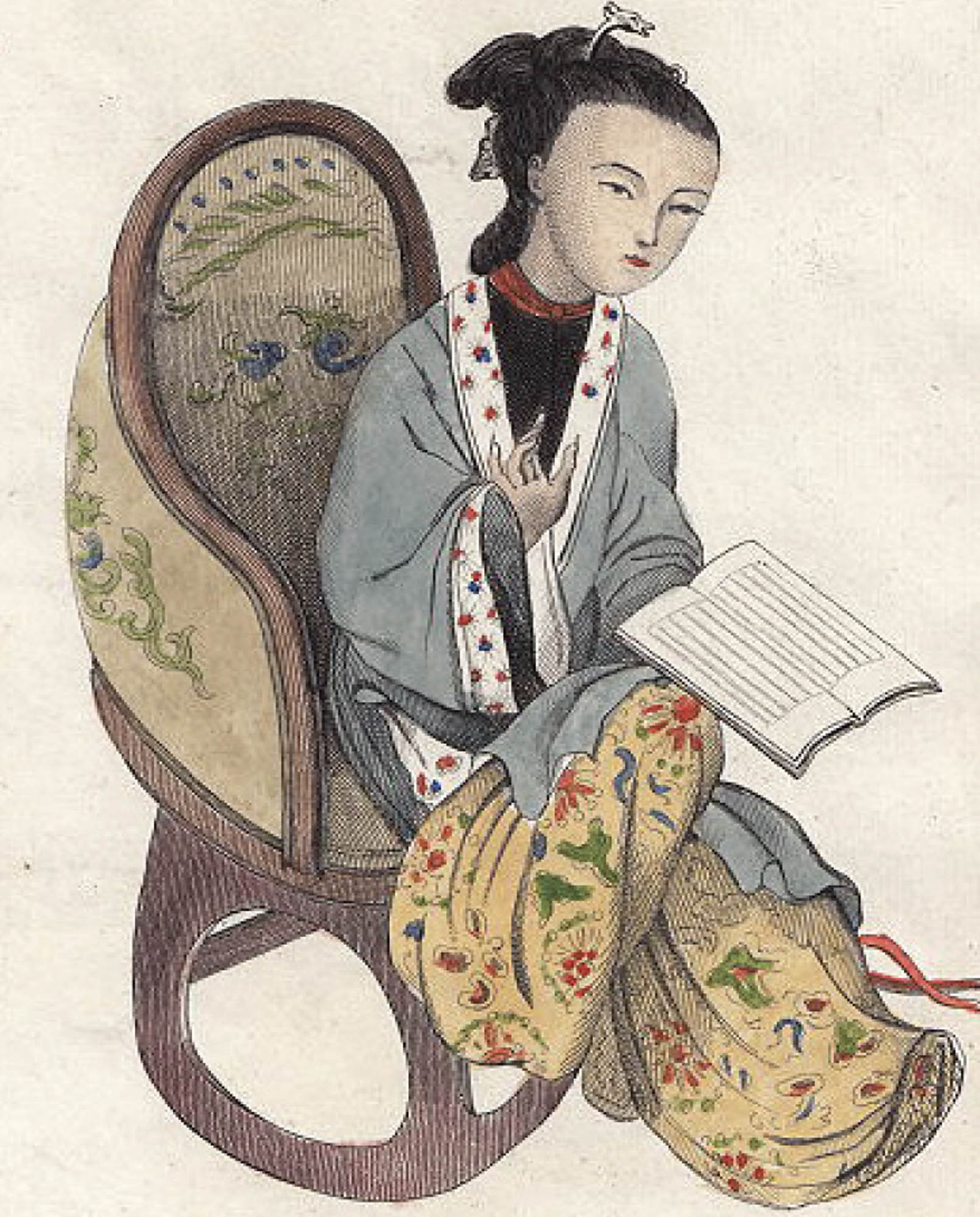 A painting of a woman sitting in a chair that has a floral design. She is wearing ornate clothing and reading a text.