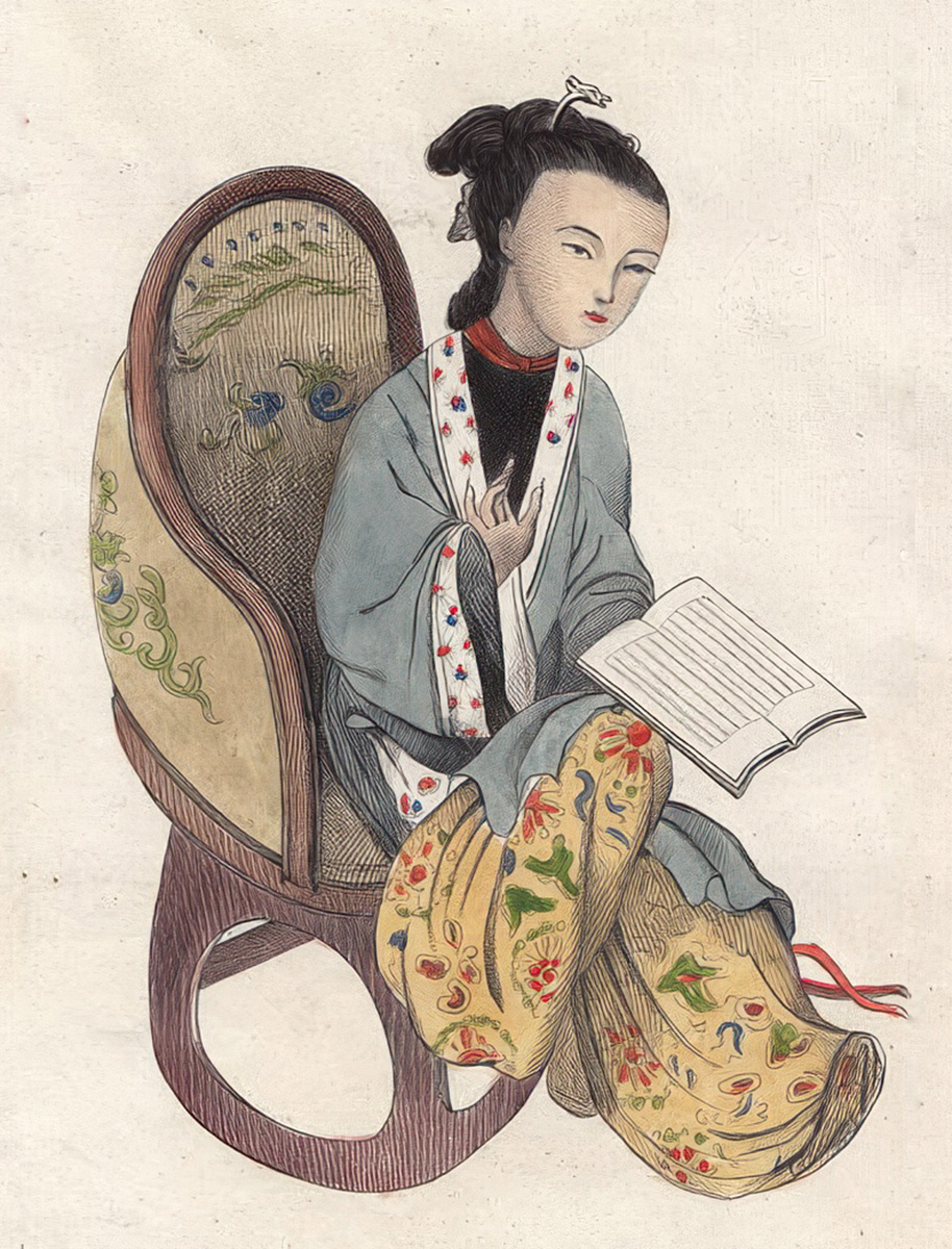 Antique print with hand coloring portrait of a woman sitting crosslegged, in an ornately decorated chair. She wears traditional Han clothing and is holding a book her hand.