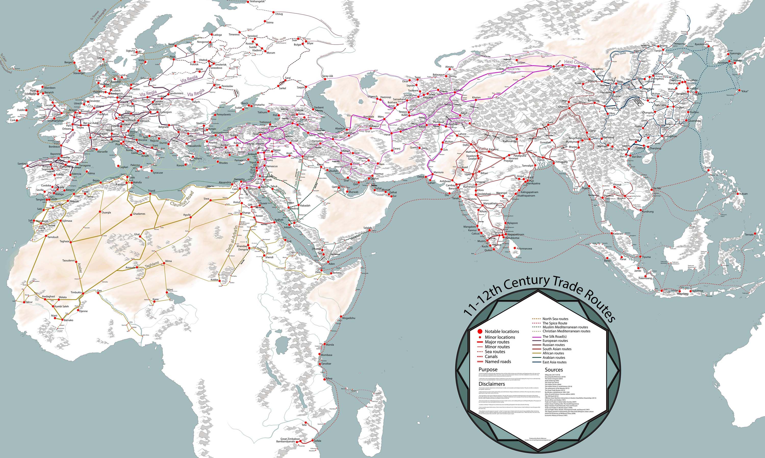 Map of the world with lines depicting the medieval trade routes of the 11th and 12th centuries.
